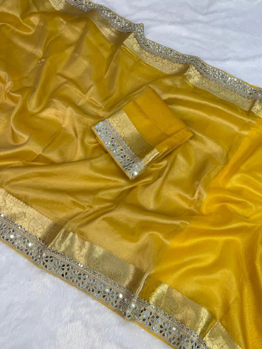 YELLOW BEAUTIFUL BANARASI TISSUE SILK MIRROR LACE WORK PREMIUM QUALITY SAREE