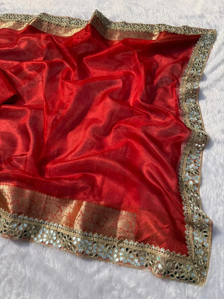 RED BEAUTIFUL BANARASI TISSUE SILK MIRROR LACE WORK PREMIUM QUALITY SAREE
