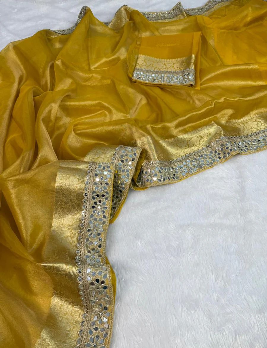 YELLOW BEAUTIFUL BANARASI TISSUE SILK MIRROR LACE WORK PREMIUM QUALITY SAREE