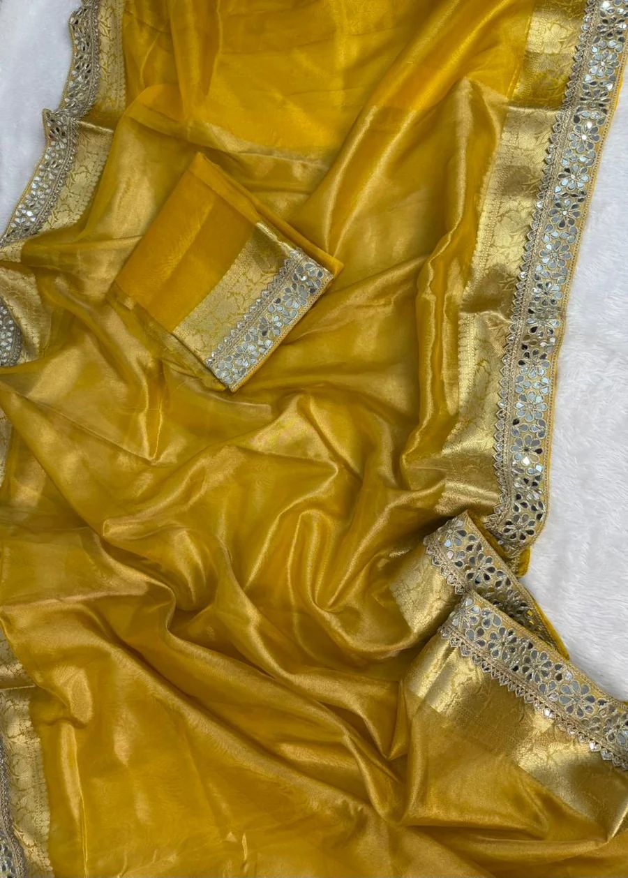 YELLOW BEAUTIFUL BANARASI TISSUE SILK MIRROR LACE WORK PREMIUM QUALITY SAREE