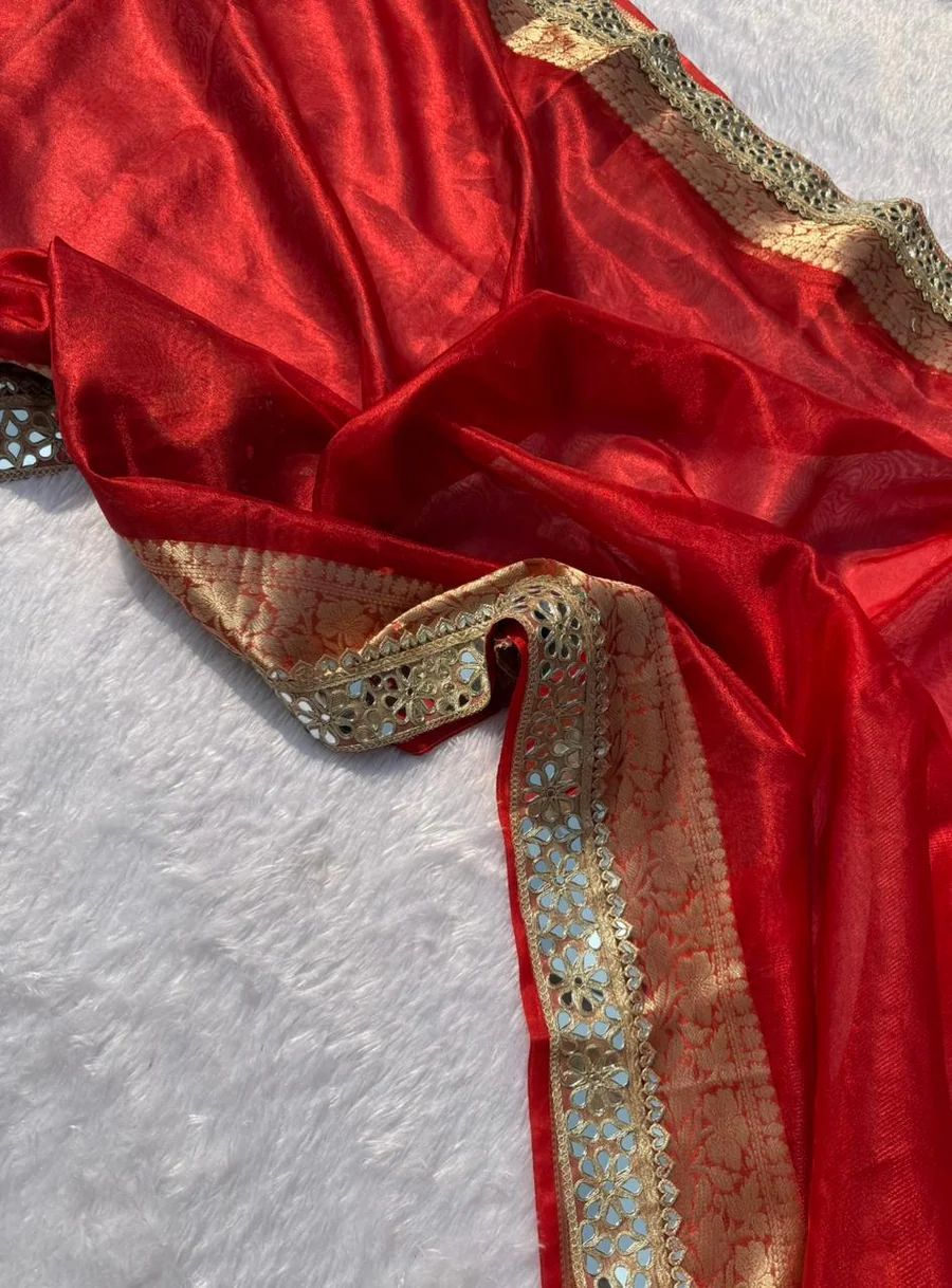 RED BEAUTIFUL BANARASI TISSUE SILK MIRROR LACE WORK PREMIUM QUALITY SAREE
