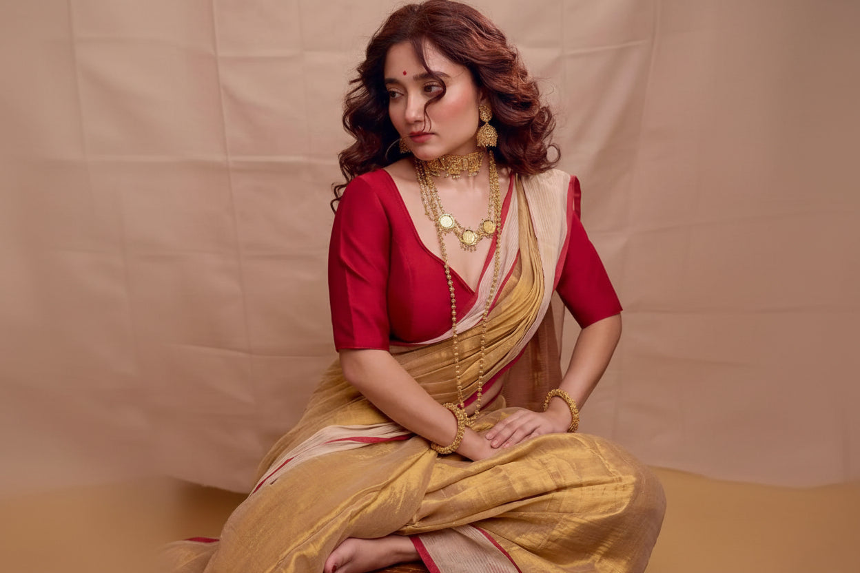 Beautiful Red Skart Broder Mul Tissue Saree with Blouse Piece – Premium Handwoven