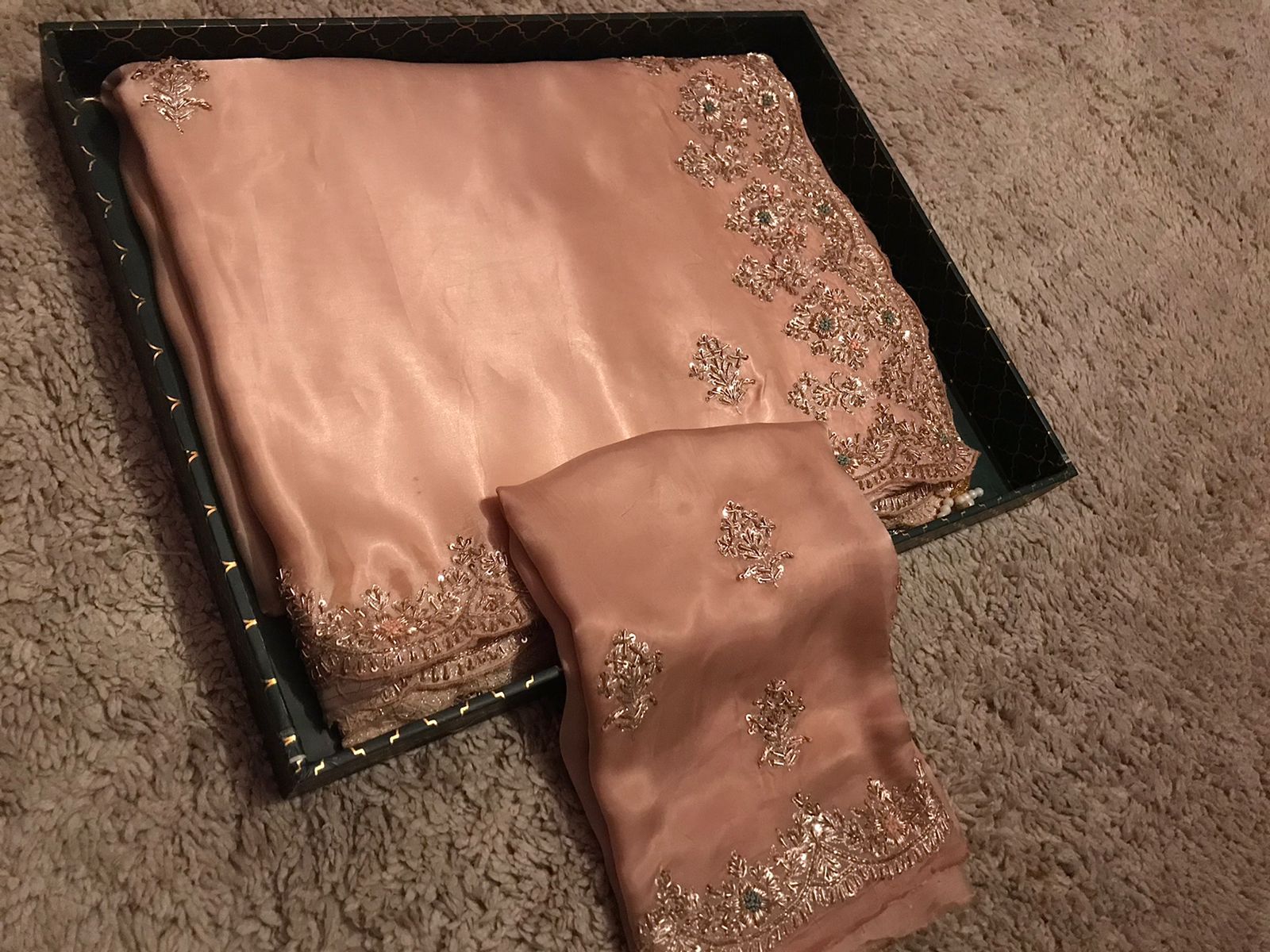 “Luxury Organza Silk Saree with Lavish Zardozi & Running Handwork Blouse”