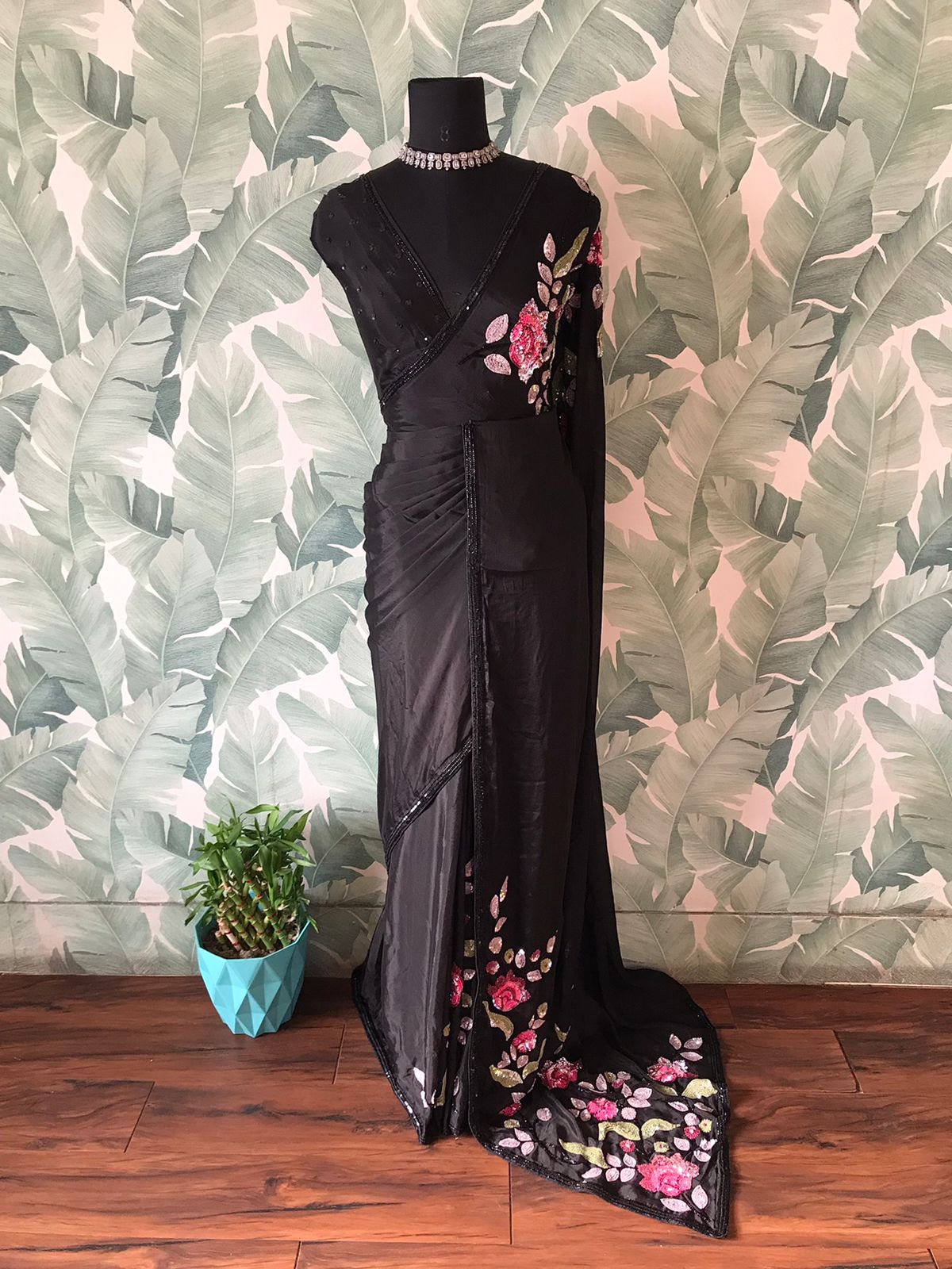 “Sonali Bendre-Inspired Black Chinnon Crepe Silk Saree with Multicoloured Floral Pearl Work”