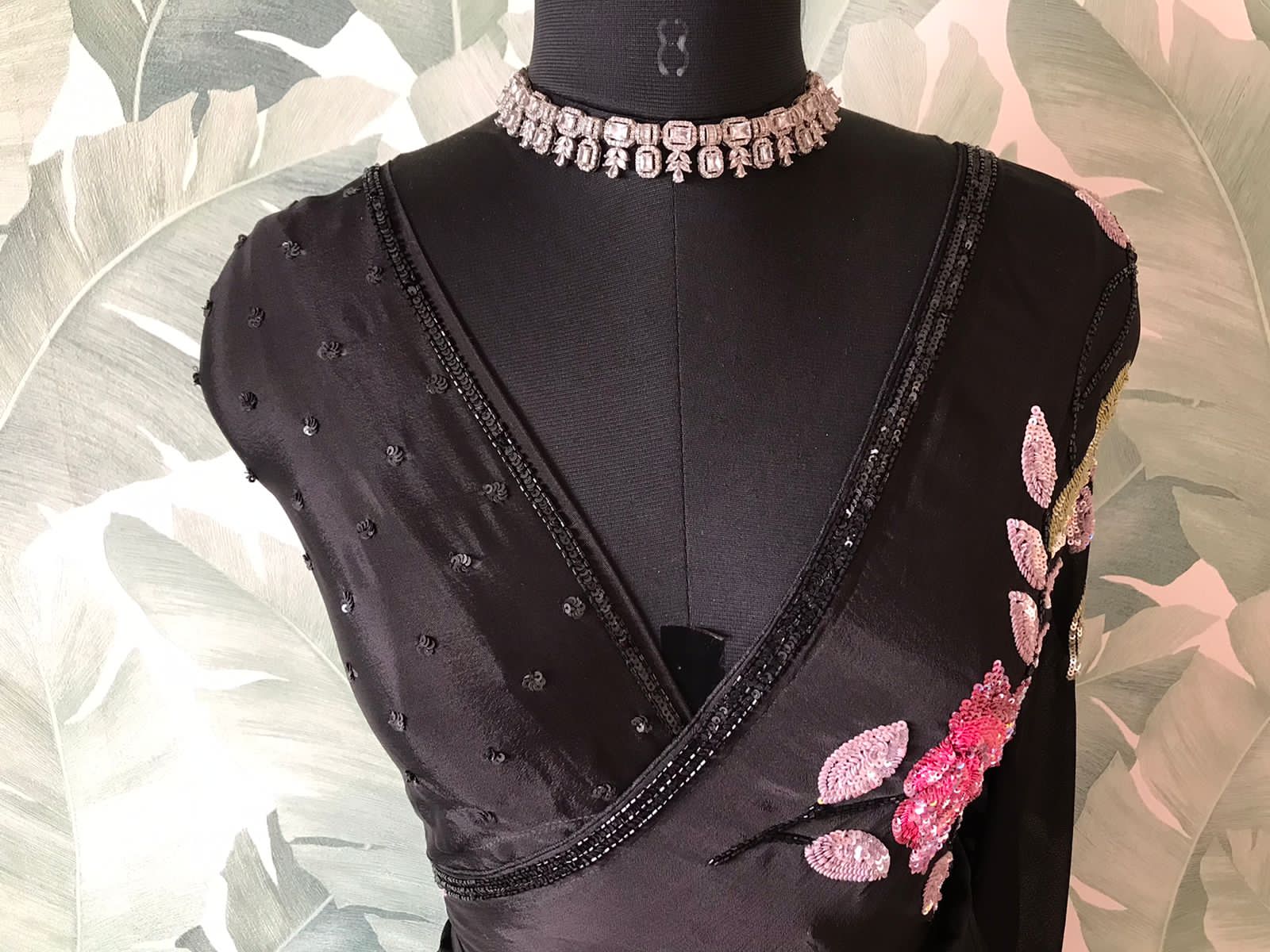 “Sonali Bendre-Inspired Black Chinnon Crepe Silk Saree with Multicoloured Floral Pearl Work”