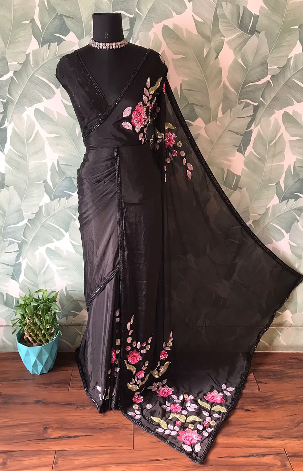 “Sonali Bendre-Inspired Black Chinnon Crepe Silk Saree with Multicoloured Floral Pearl Work”