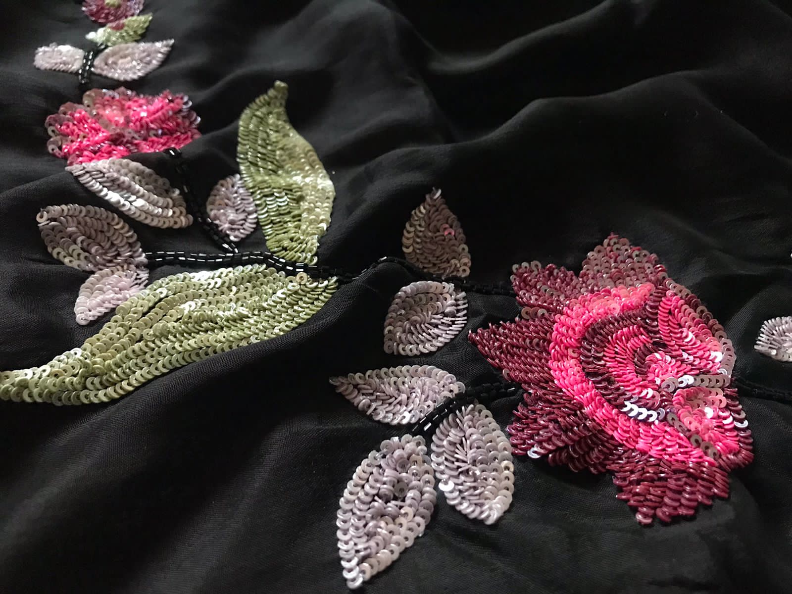 “Sonali Bendre-Inspired Black Chinnon Crepe Silk Saree with Multicoloured Floral Pearl Work”