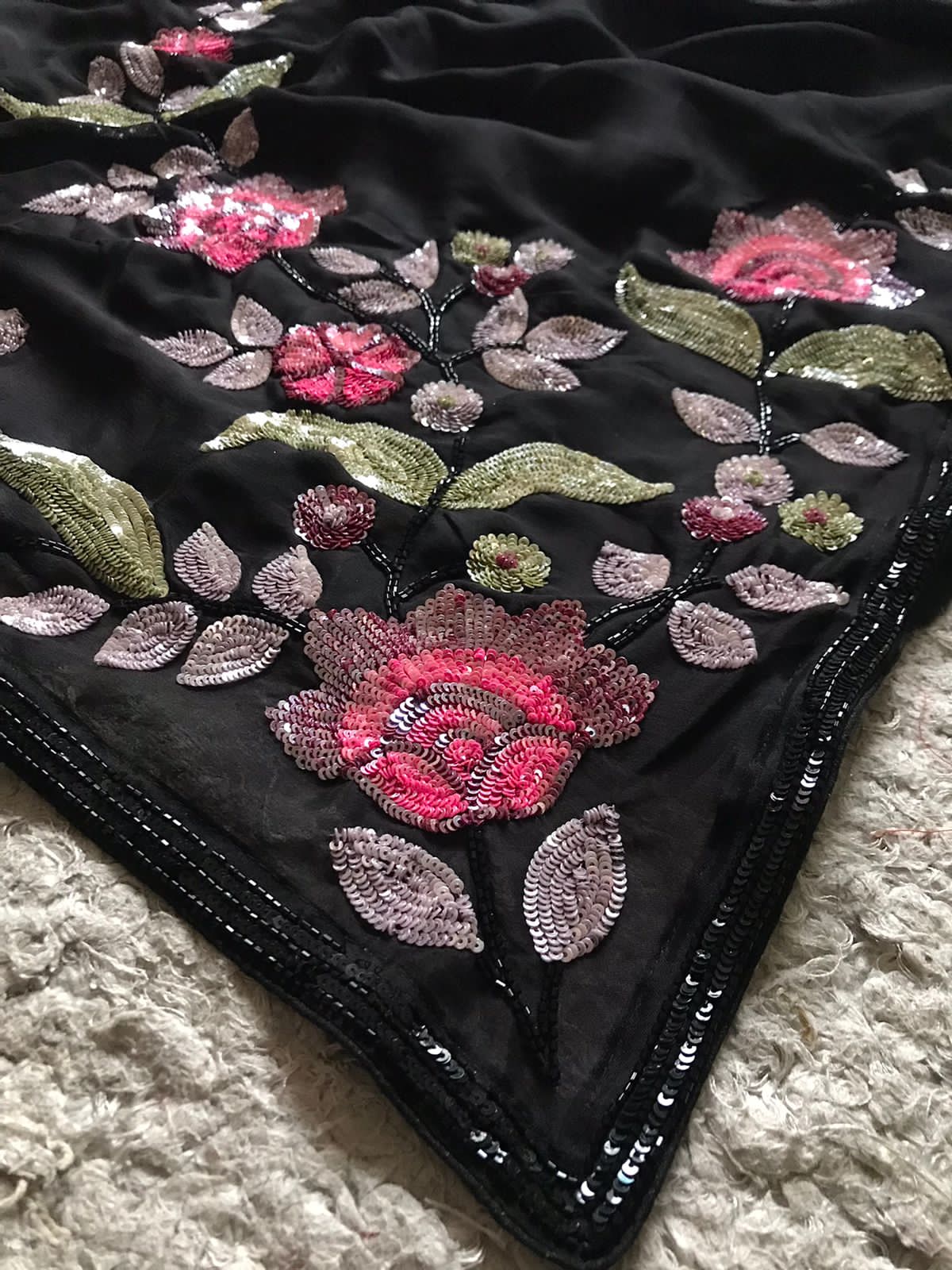 “Sonali Bendre-Inspired Black Chinnon Crepe Silk Saree with Multicoloured Floral Pearl Work”