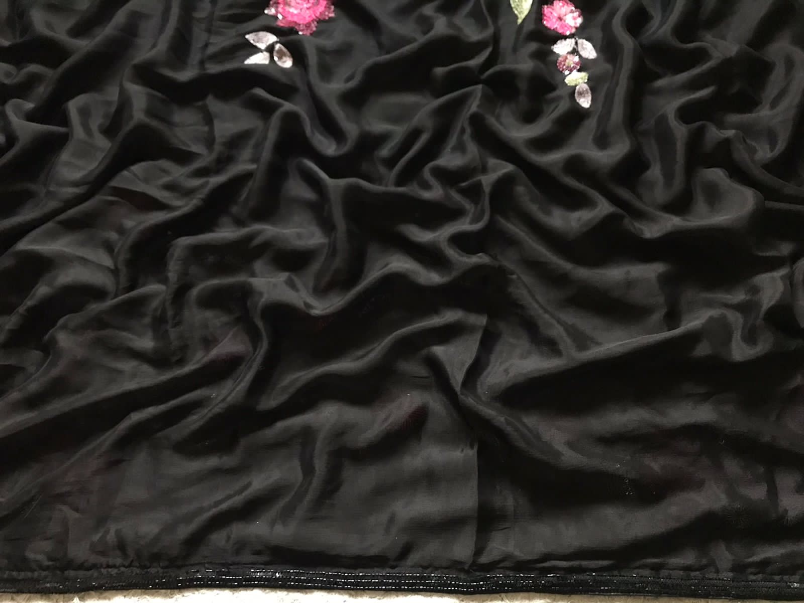 “Sonali Bendre-Inspired Black Chinnon Crepe Silk Saree with Multicoloured Floral Pearl Work”