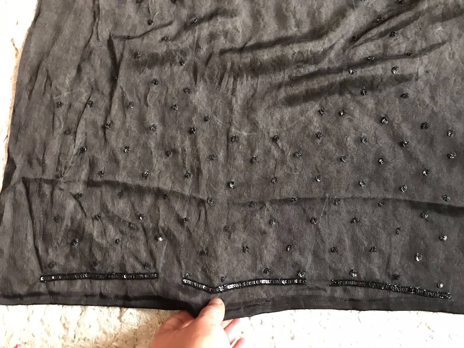 “Sonali Bendre-Inspired Black Chinnon Crepe Silk Saree with Multicoloured Floral Pearl Work”