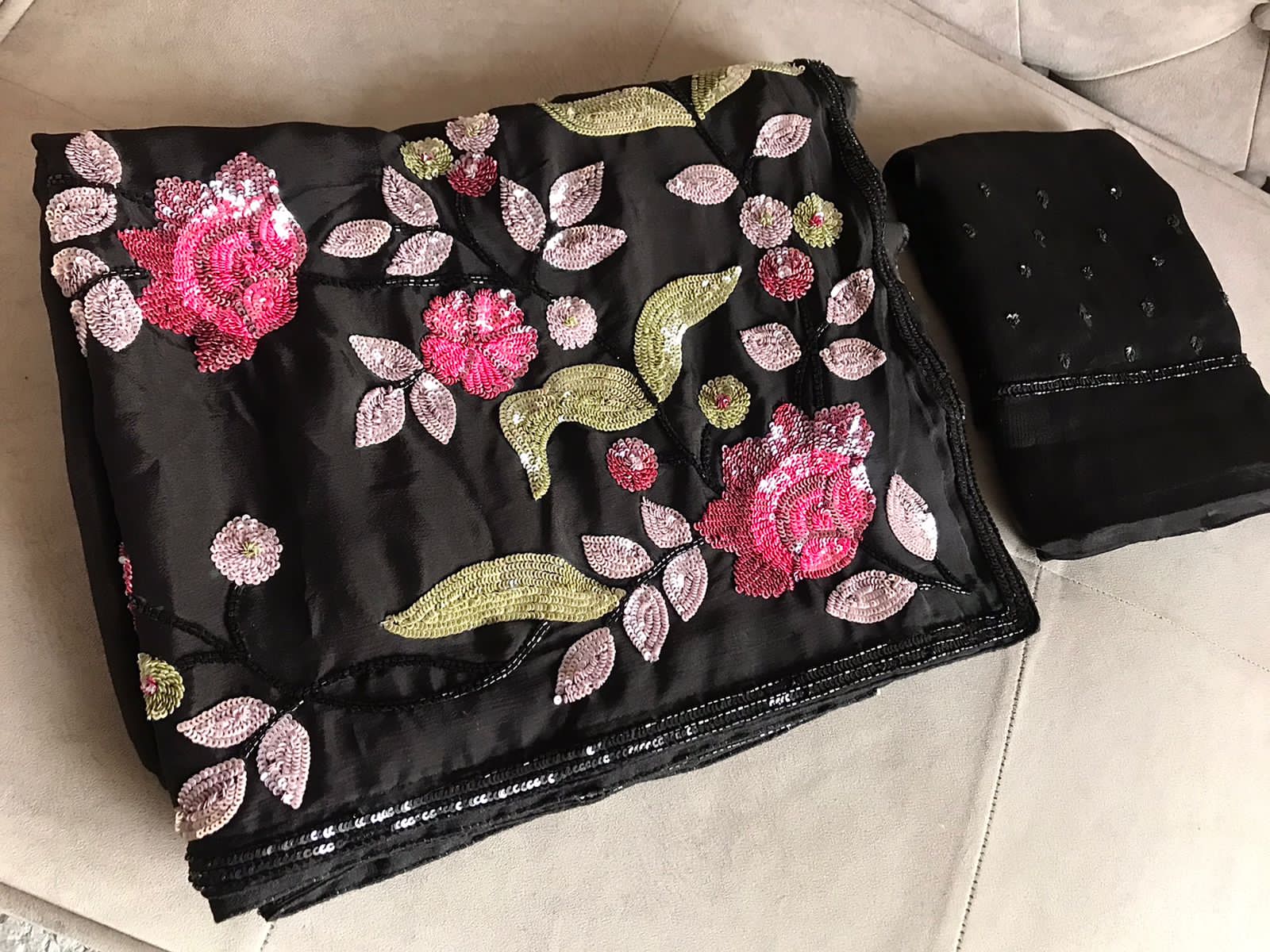 “Sonali Bendre-Inspired Black Chinnon Crepe Silk Saree with Multicoloured Floral Pearl Work”