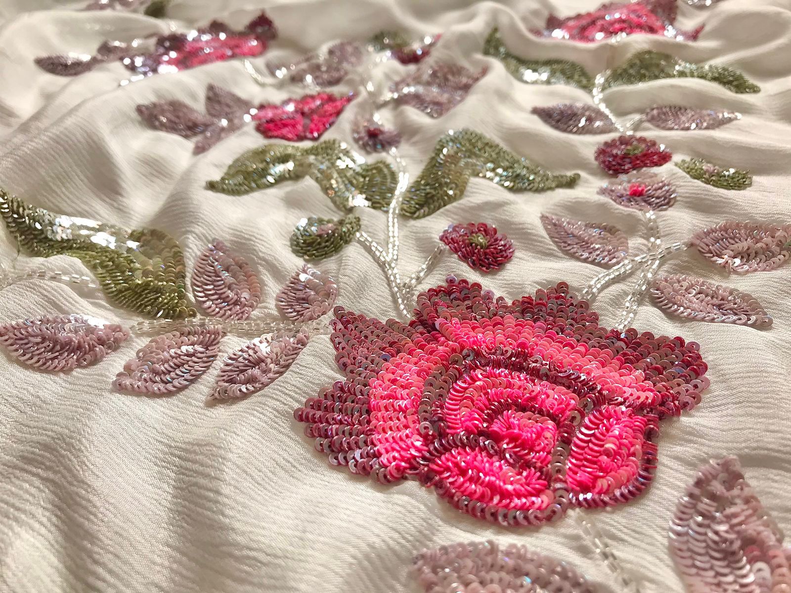 White Premium Chinnon Crepe Silk Saree with Multicoloured Floral Sequins & Cut-Dana Work