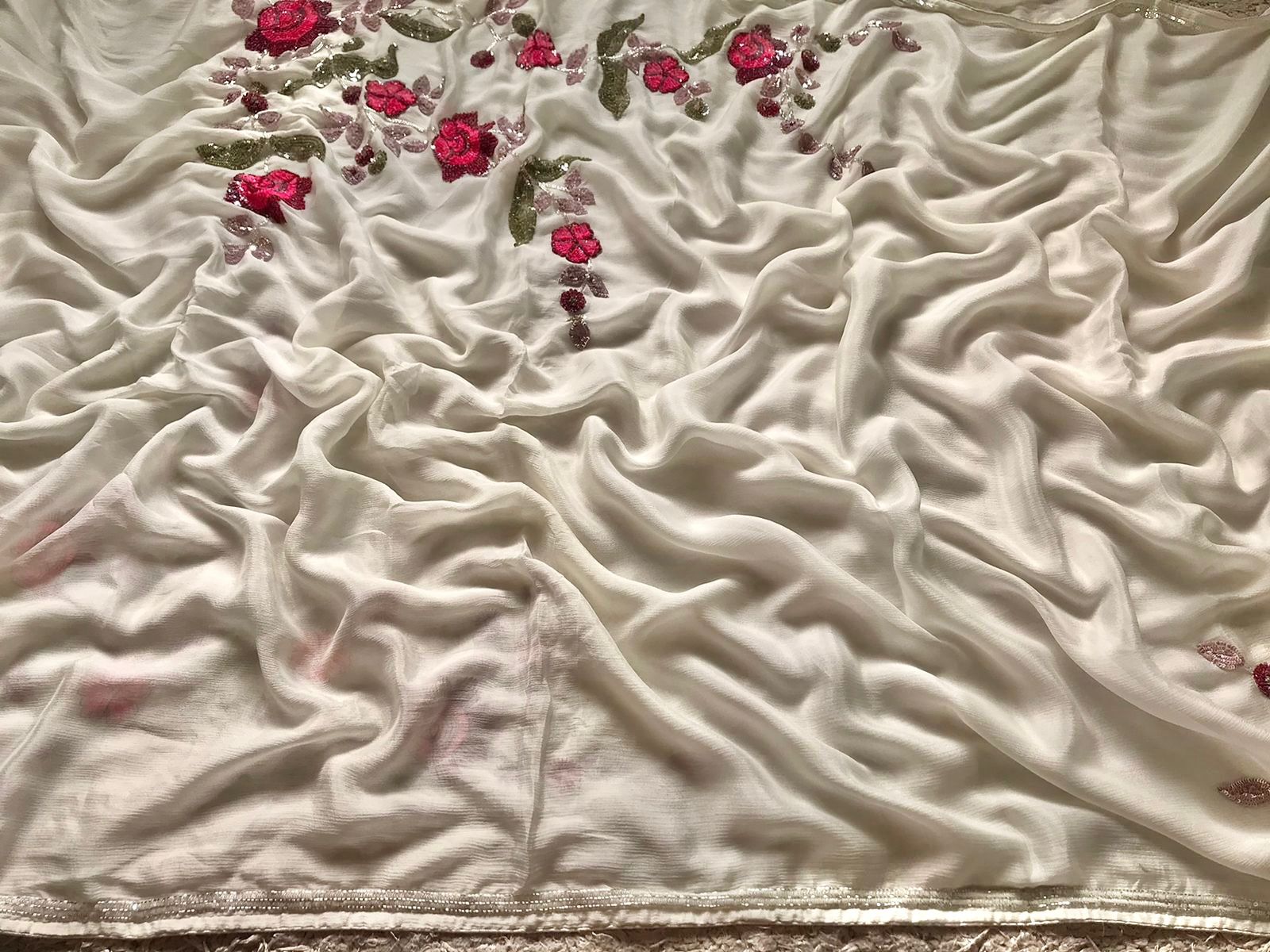 White Premium Chinnon Crepe Silk Saree with Multicoloured Floral Sequins & Cut-Dana Work