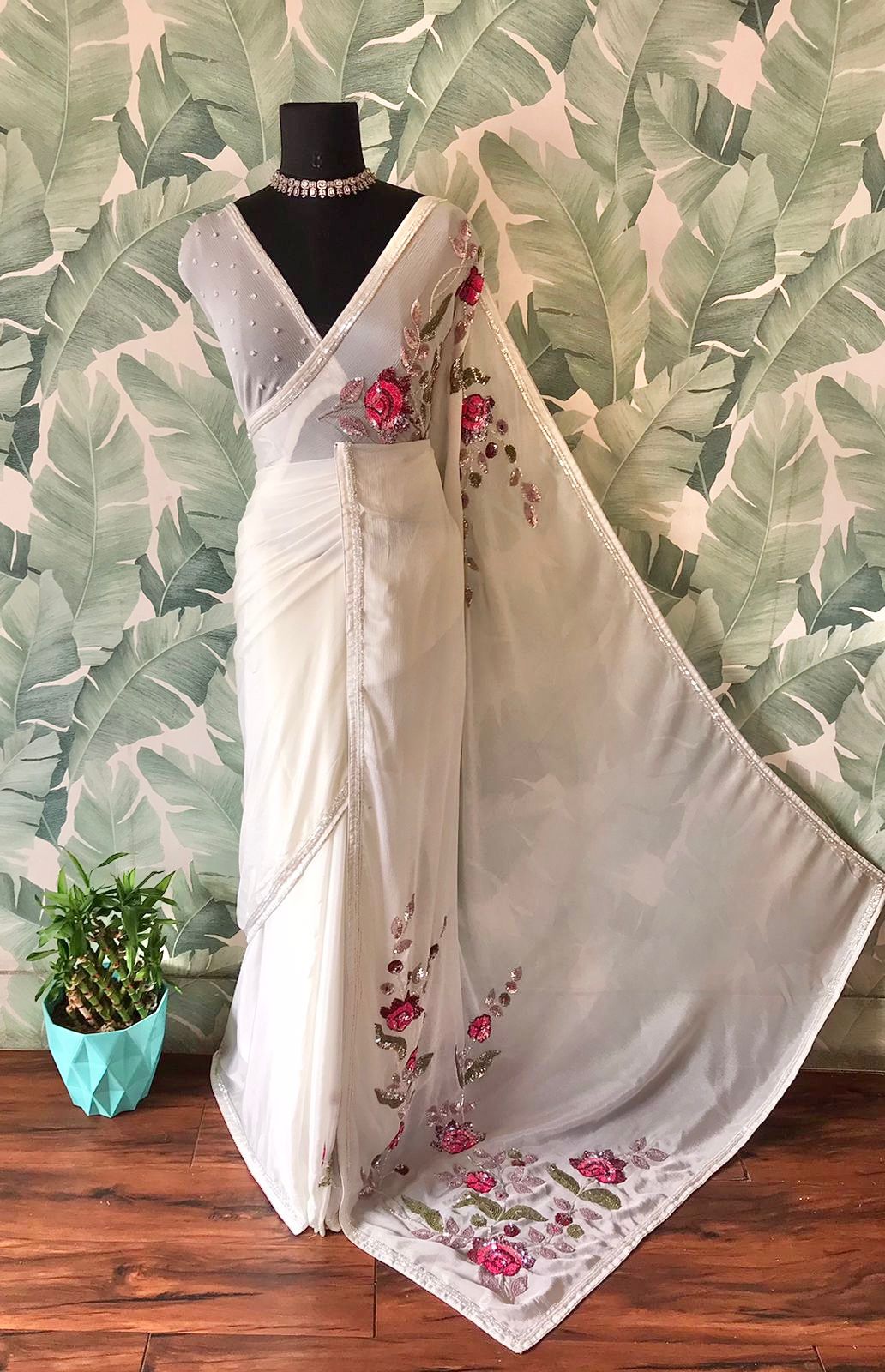 White Premium Chinnon Crepe Silk Saree with Multicoloured Floral Sequins & Cut-Dana Work