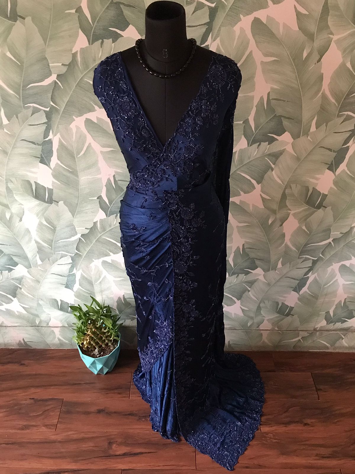 “Premium Chinnon Satin Silk Saree with Self-Coloured Resham, Pearl & Cut-Dana Jaal Work”