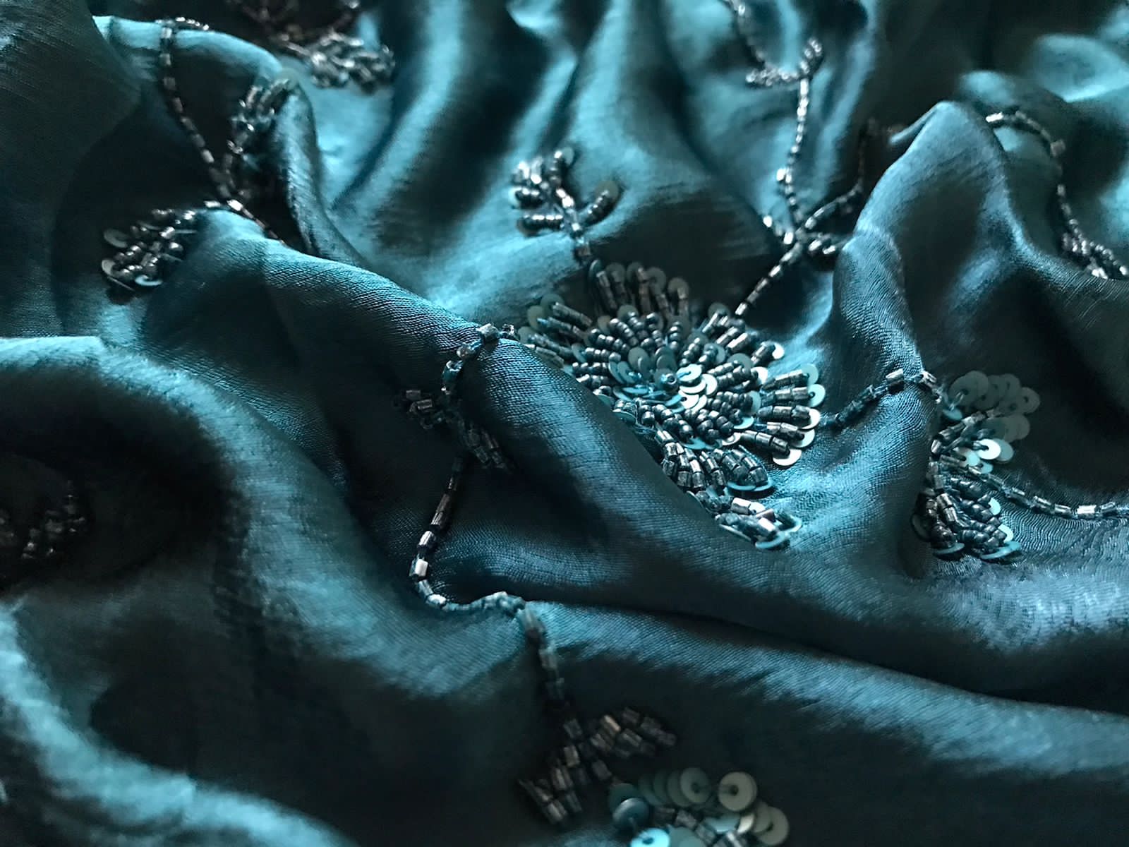 Premium Chinnon Satin Silk Saree with Self-Coloured Resham, Pearl & Cut-Dana Jaal Work