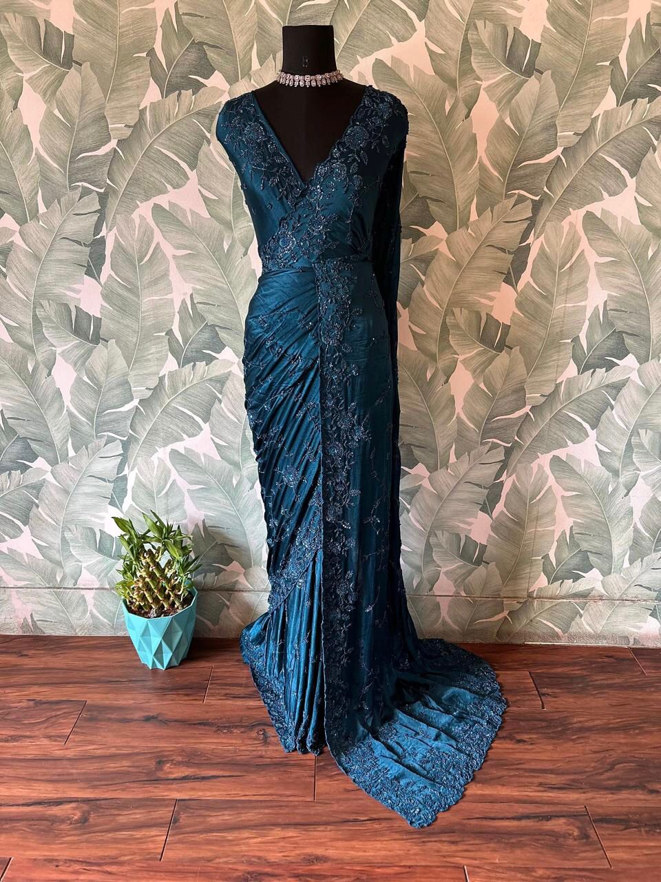 “Premium Chinnon Satin Silk Saree with Self-Coloured Resham, Pearl & Cut-Dana Jaal Work”