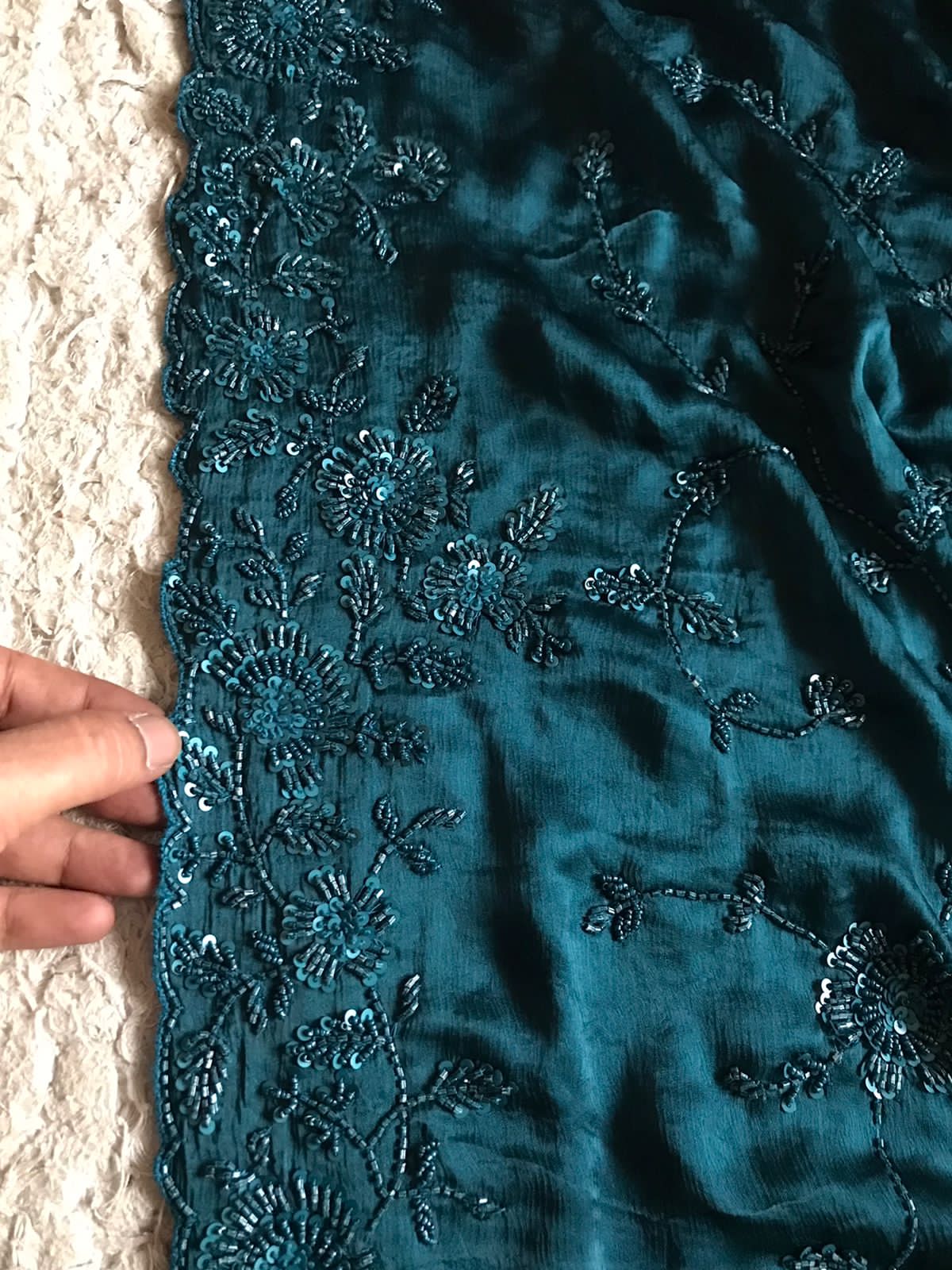 Premium Chinnon Satin Silk Saree with Self-Coloured Resham, Pearl & Cut-Dana Jaal Work