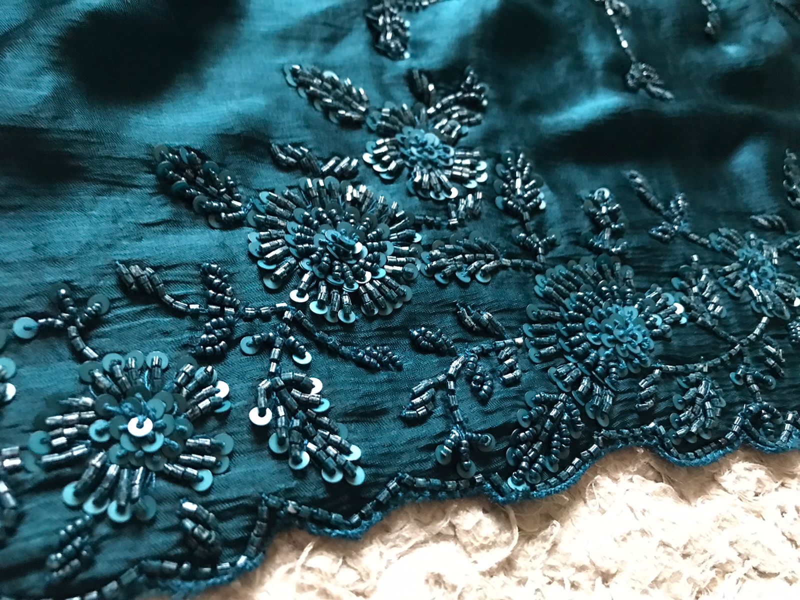 Premium Chinnon Satin Silk Saree with Self-Coloured Resham, Pearl & Cut-Dana Jaal Work