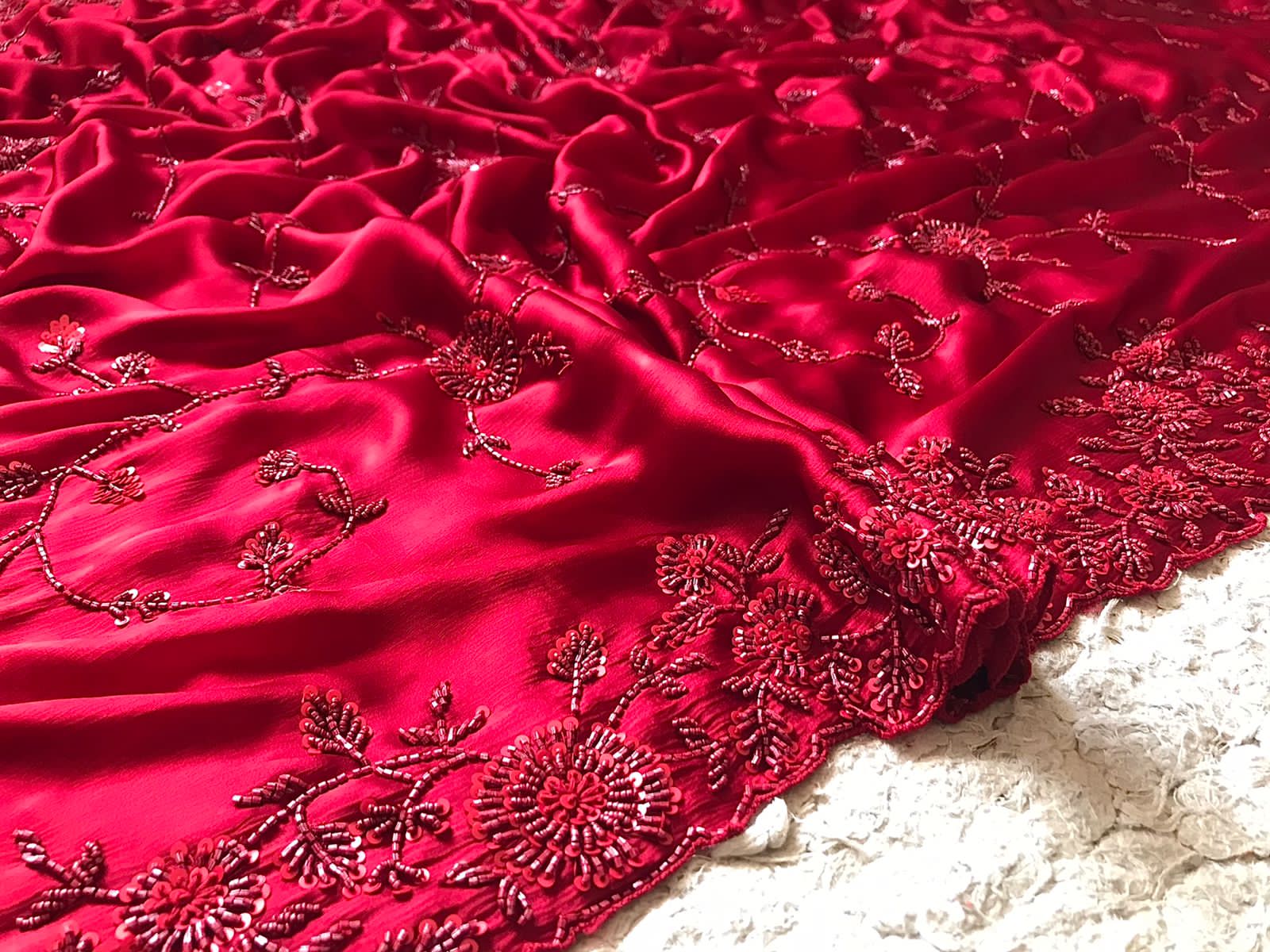 Premium Chinnon Satin Silk Saree with Self-Coloured Resham, Pearl & Cut-Dana Jaal Work