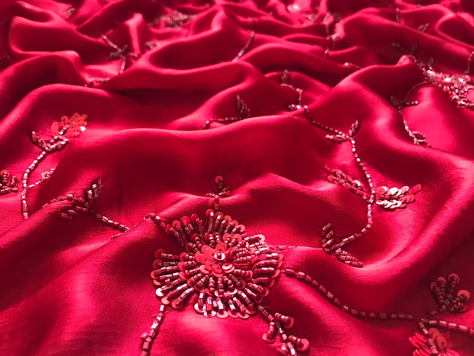 Premium Chinnon Satin Silk Saree with Self-Coloured Resham, Pearl & Cut-Dana Jaal Work