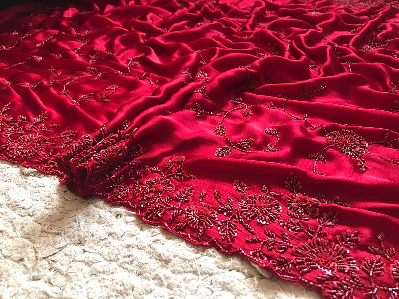 Premium Chinnon Satin Silk Saree with Self-Coloured Resham, Pearl & Cut-Dana Jaal Work