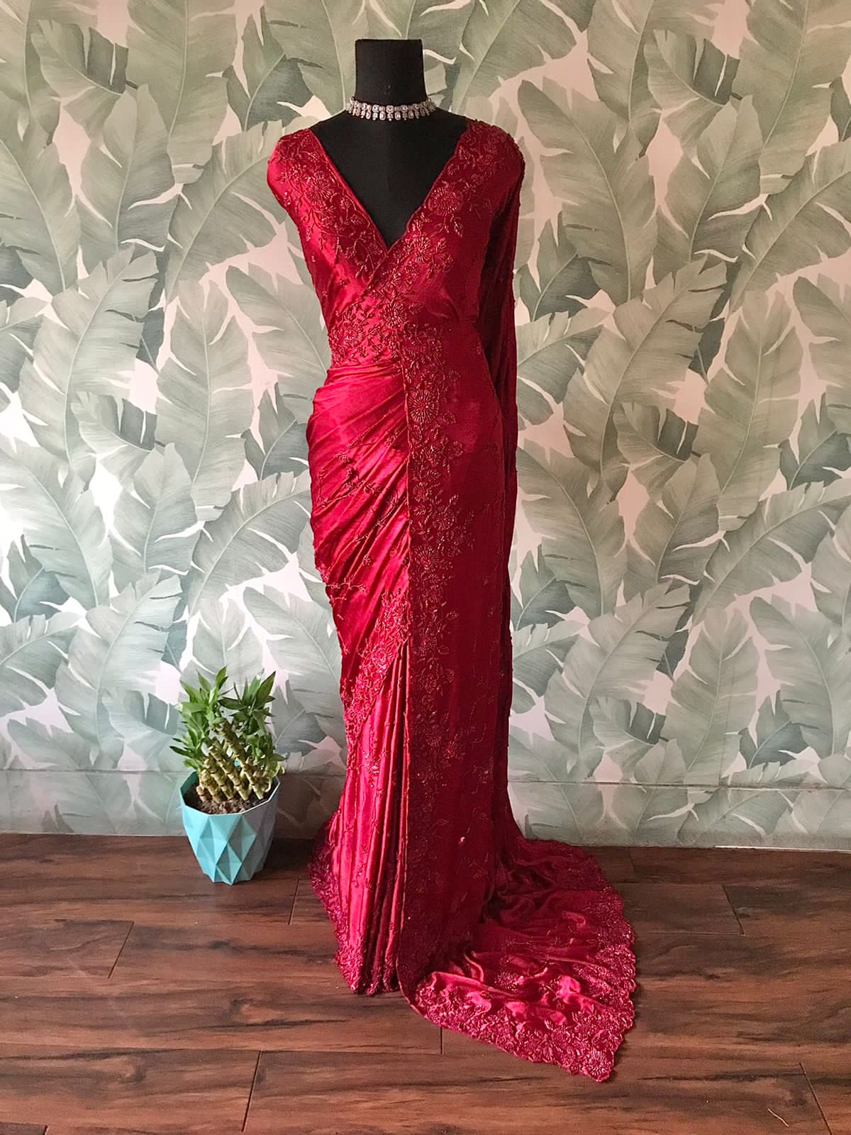 Premium Chinnon Satin Silk Saree with Self-Coloured Resham, Pearl & Cut-Dana Jaal Work
