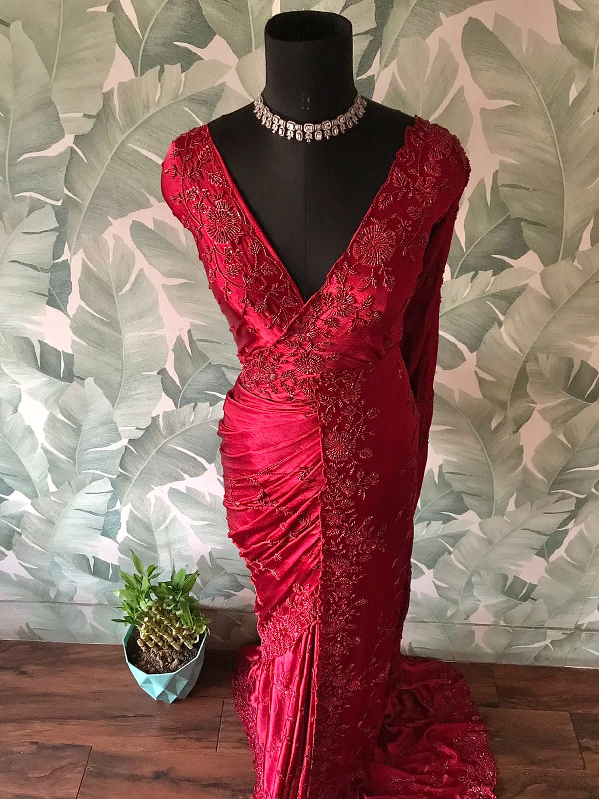 Premium Chinnon Satin Silk Saree with Self-Coloured Resham, Pearl & Cut-Dana Jaal Work