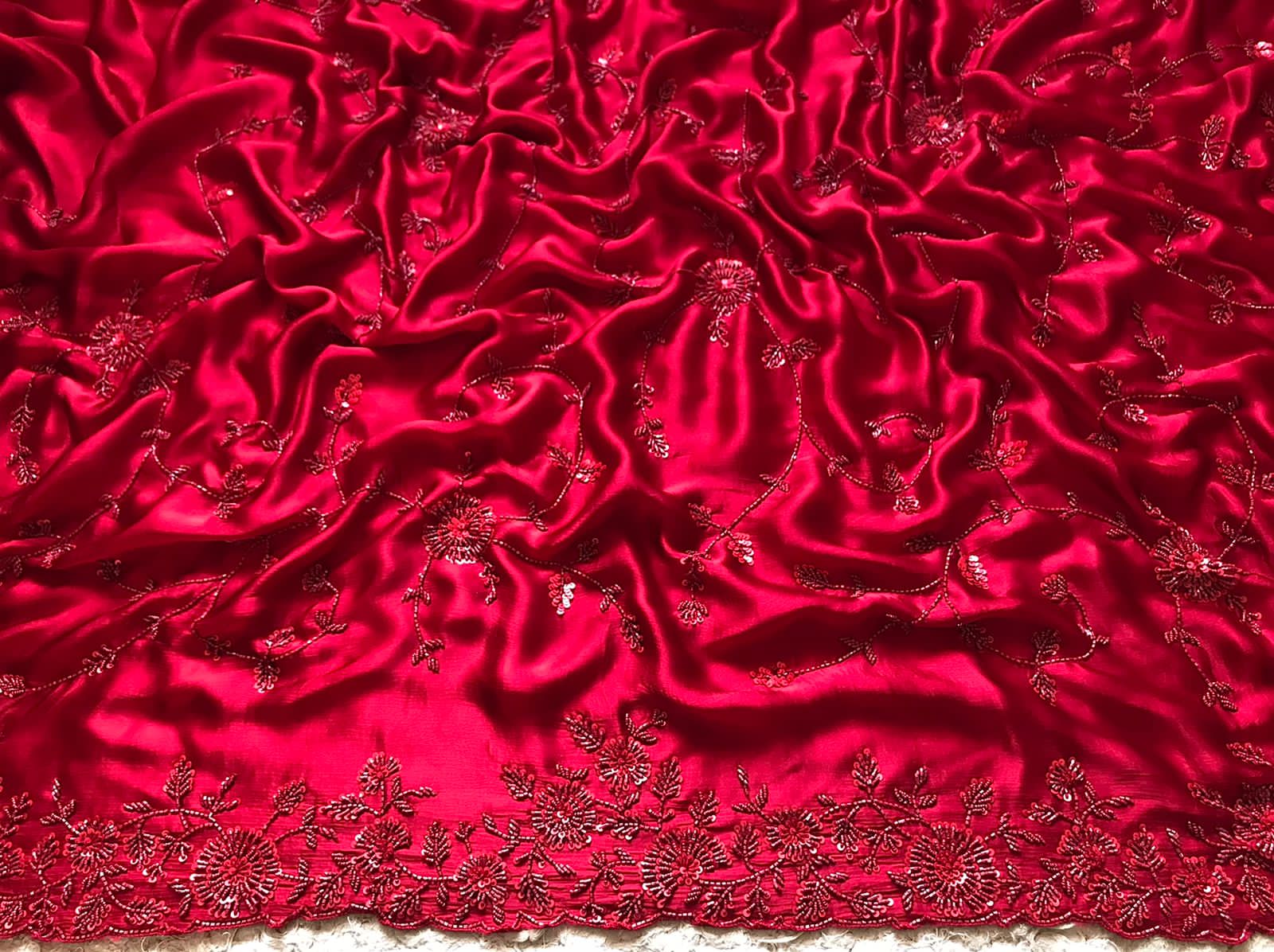 Premium Chinnon Satin Silk Saree with Self-Coloured Resham, Pearl & Cut-Dana Jaal Work