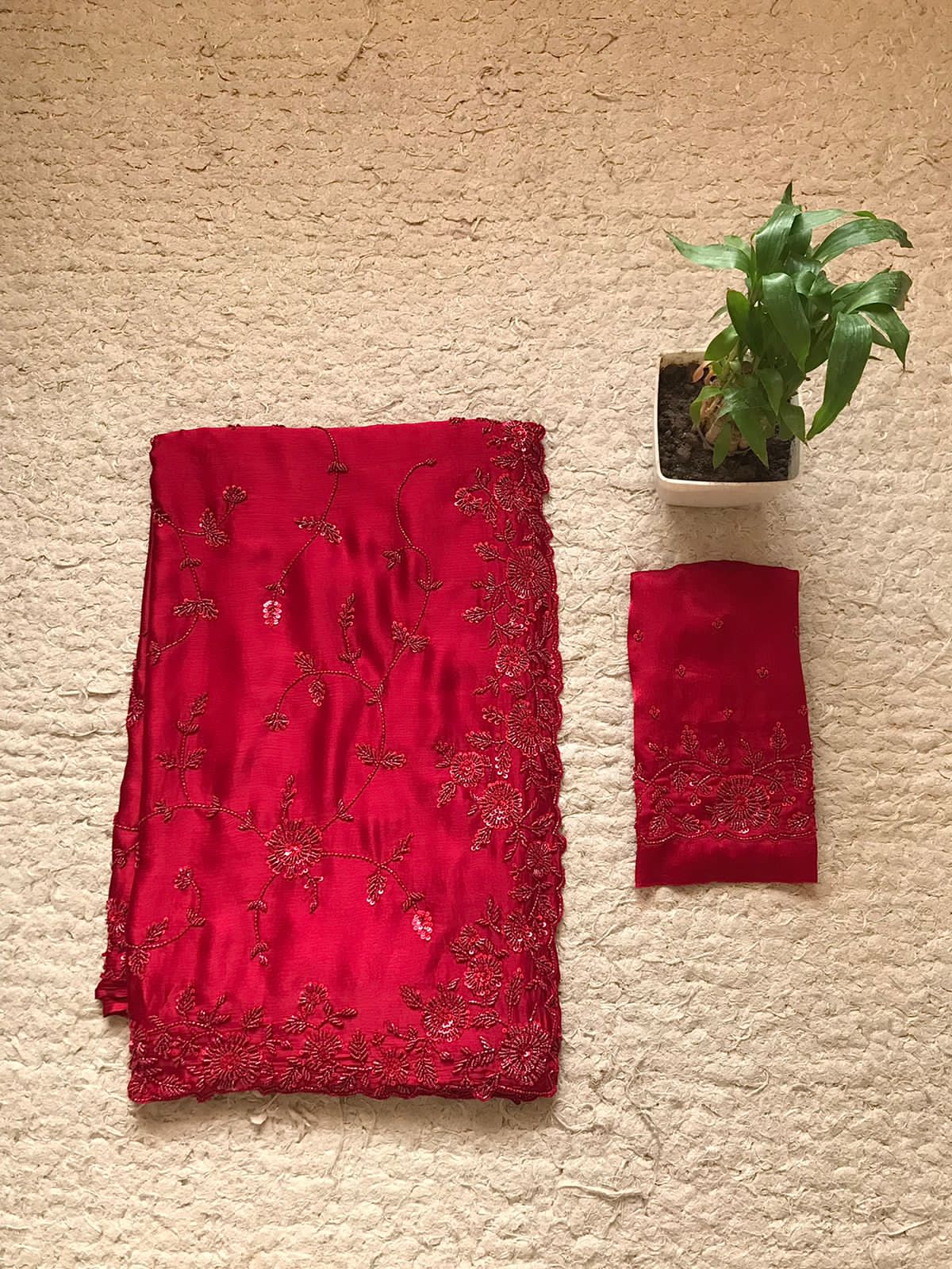 Premium Chinnon Satin Silk Saree with Self-Coloured Resham, Pearl & Cut-Dana Jaal Work