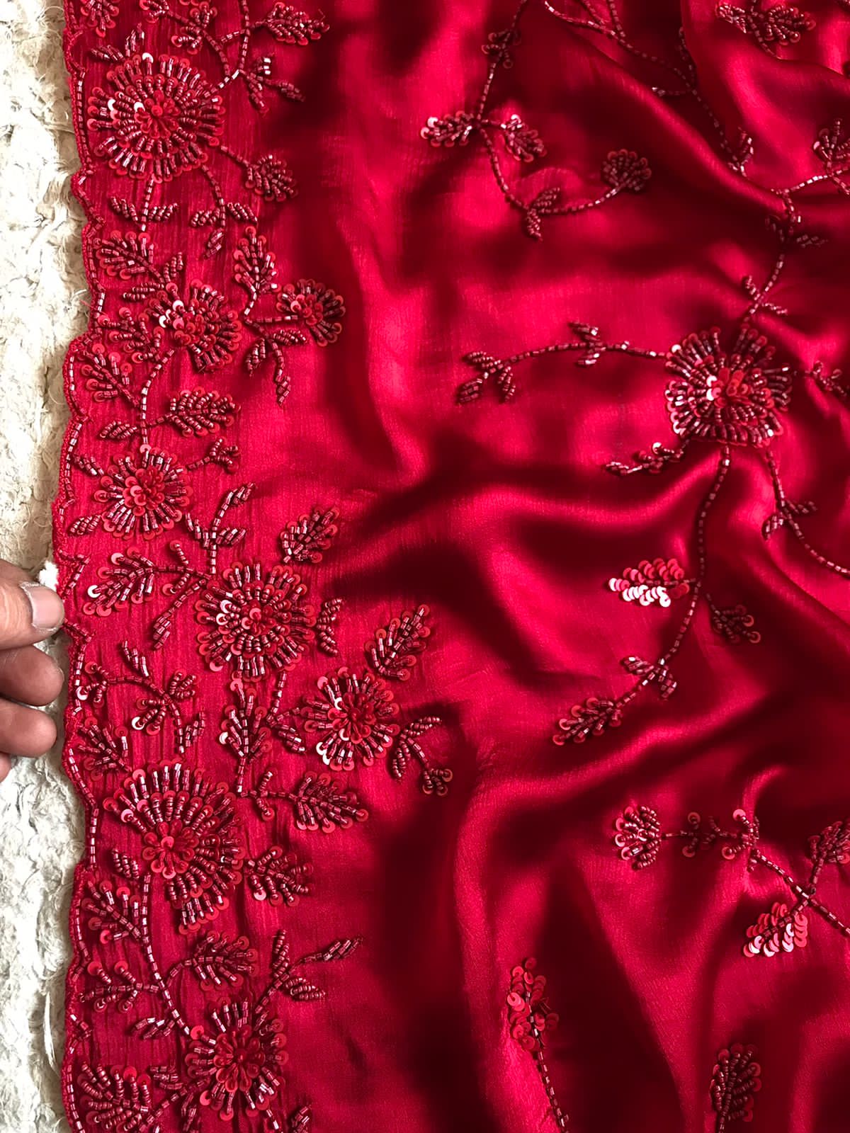 Premium Chinnon Satin Silk Saree with Self-Coloured Resham, Pearl & Cut-Dana Jaal Work
