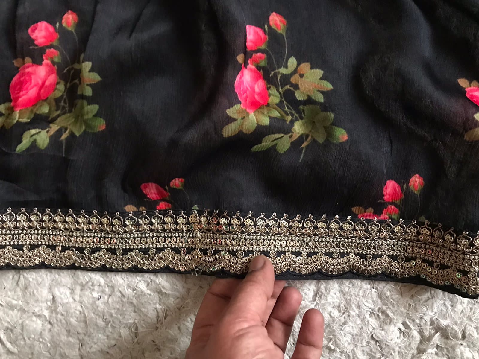 “Elegant Sabyasachi Style Black Saree with Statement Floral Print & Exclusive Lace Borders”