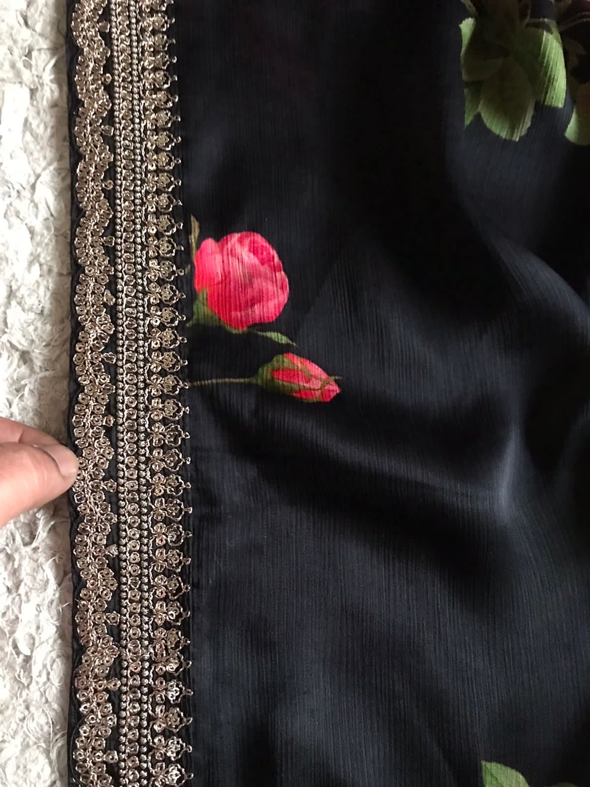 “Elegant Sabyasachi Style Black Saree with Statement Floral Print & Exclusive Lace Borders”