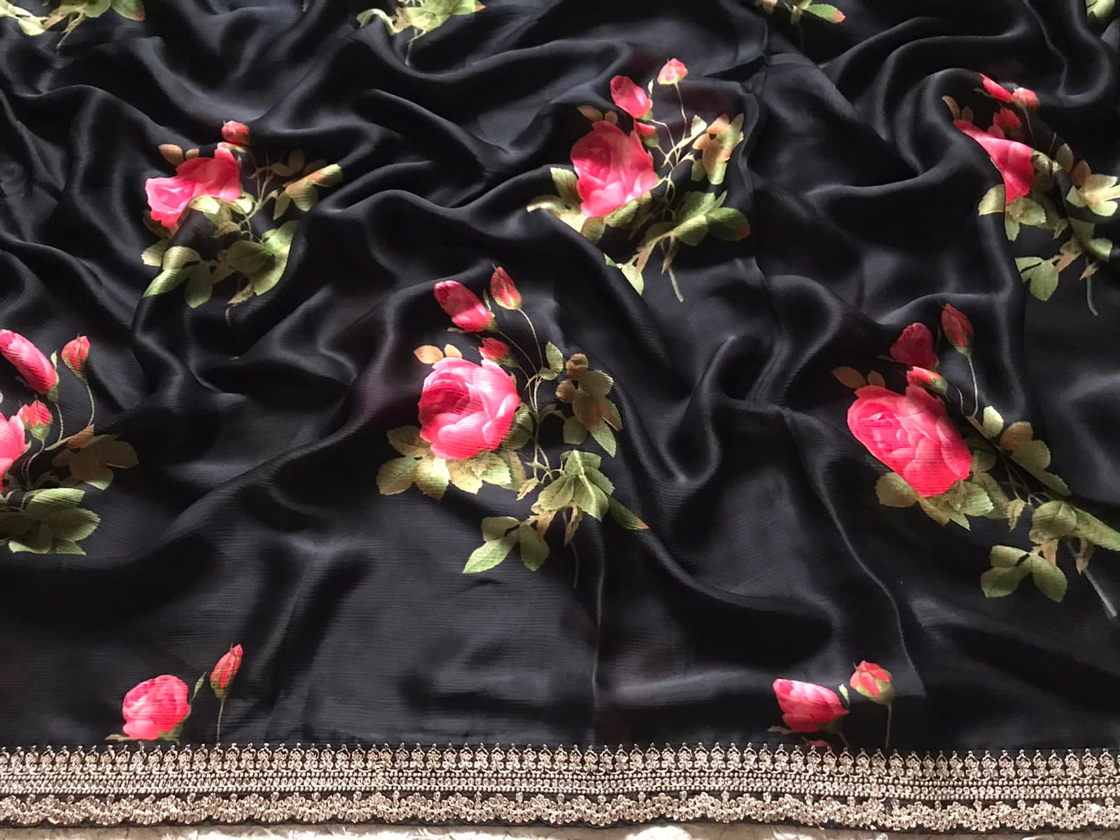 “Elegant Sabyasachi Style Black Saree with Statement Floral Print & Exclusive Lace Borders”