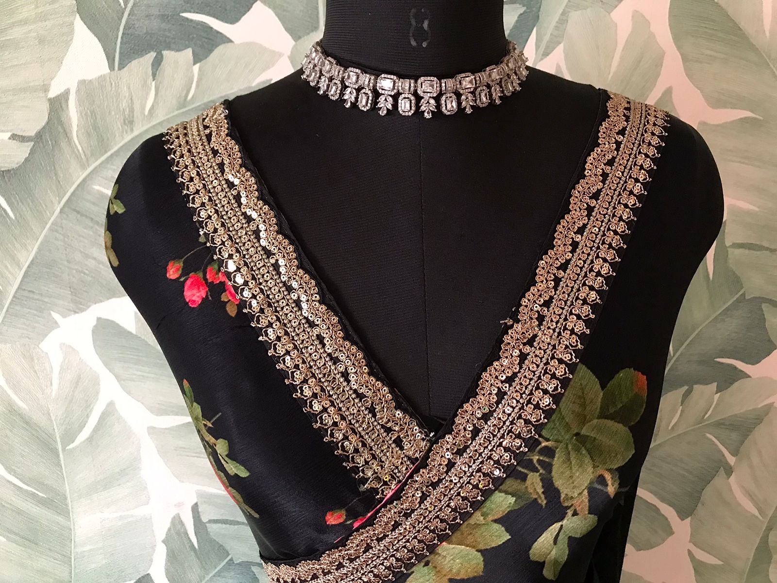 “Elegant Sabyasachi Style Black Saree with Statement Floral Print & Exclusive Lace Borders”