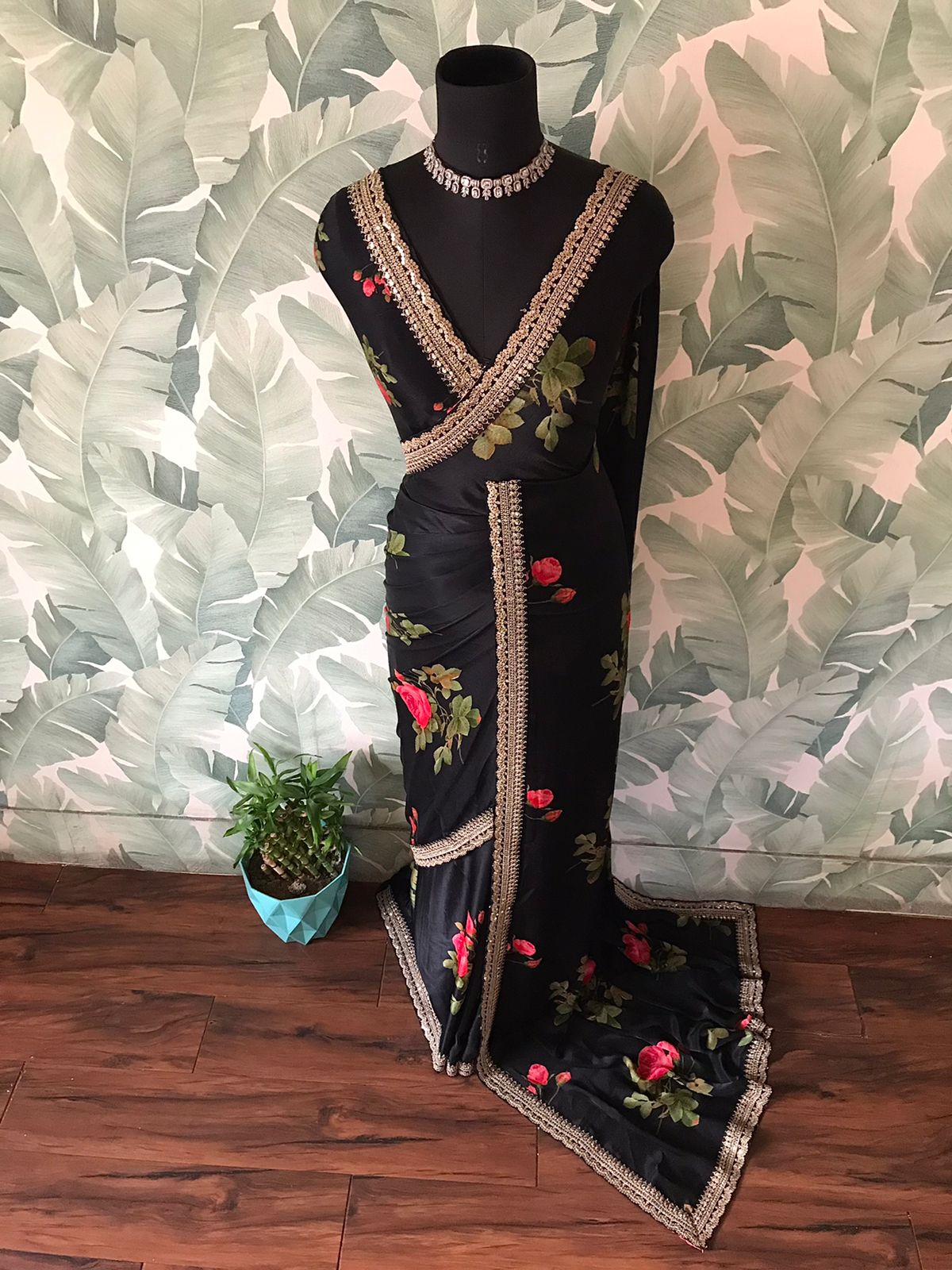 “Elegant Sabyasachi Style Black Saree with Statement Floral Print & Exclusive Lace Borders”