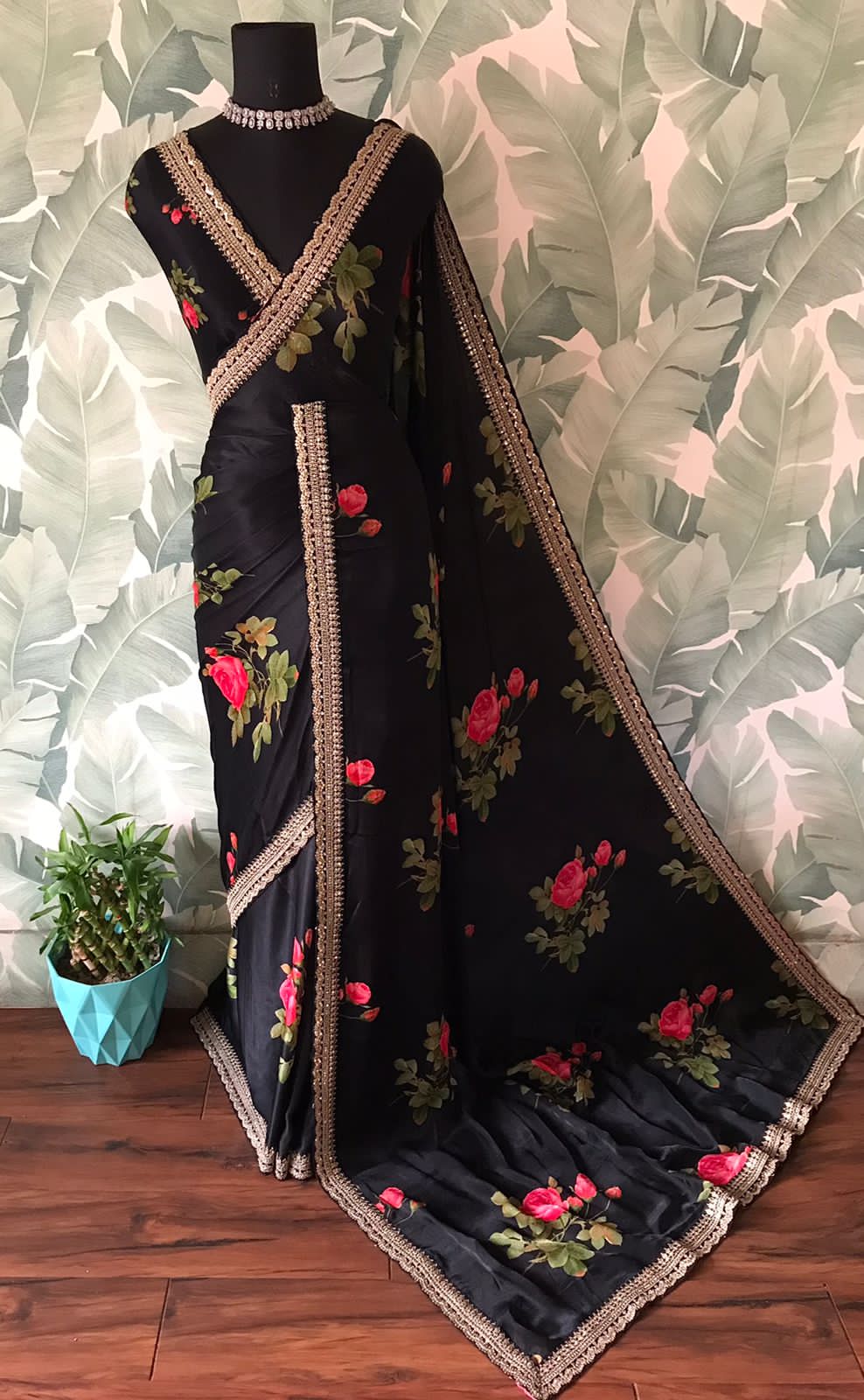 “Elegant Sabyasachi Style Black Saree with Statement Floral Print & Exclusive Lace Borders”