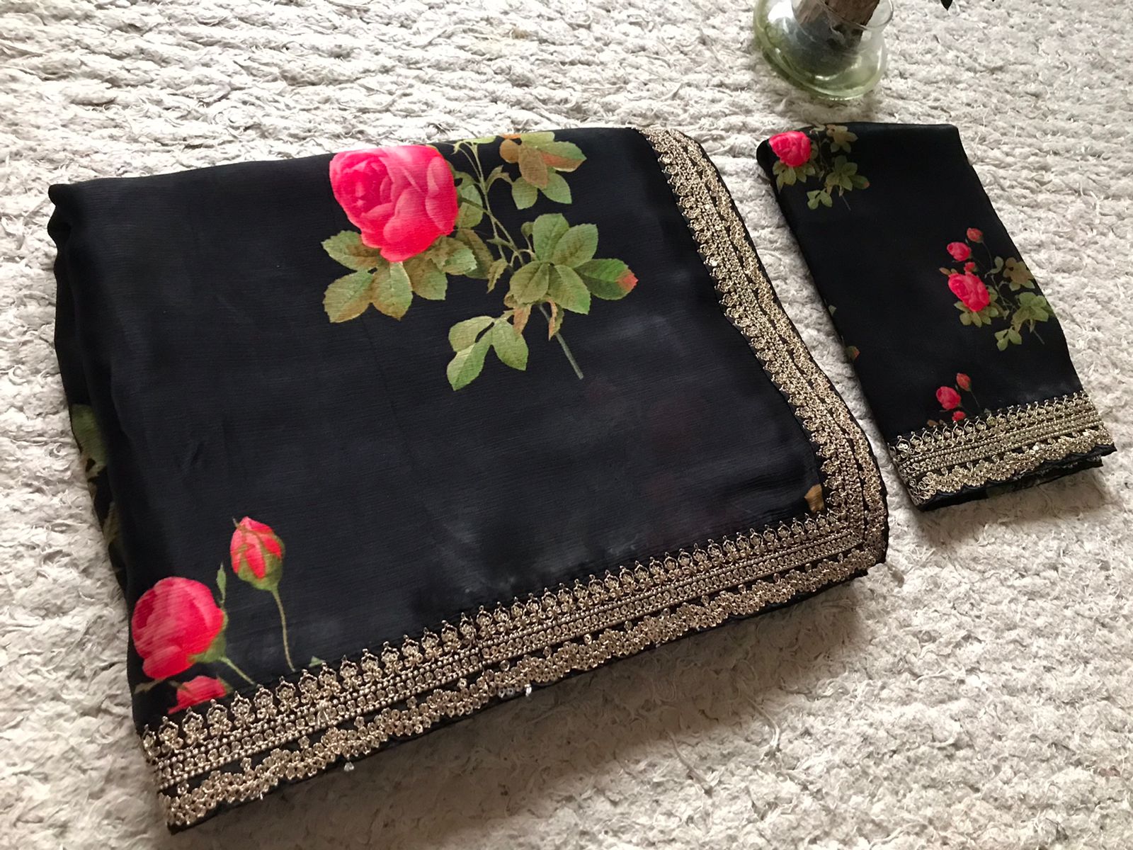 “Elegant Sabyasachi Style Black Saree with Statement Floral Print & Exclusive Lace Borders”