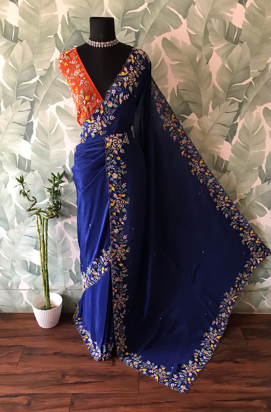 Luxury Satin Organza Silk Saree with Rich Zardozi Embellishments & Contrast Blouse