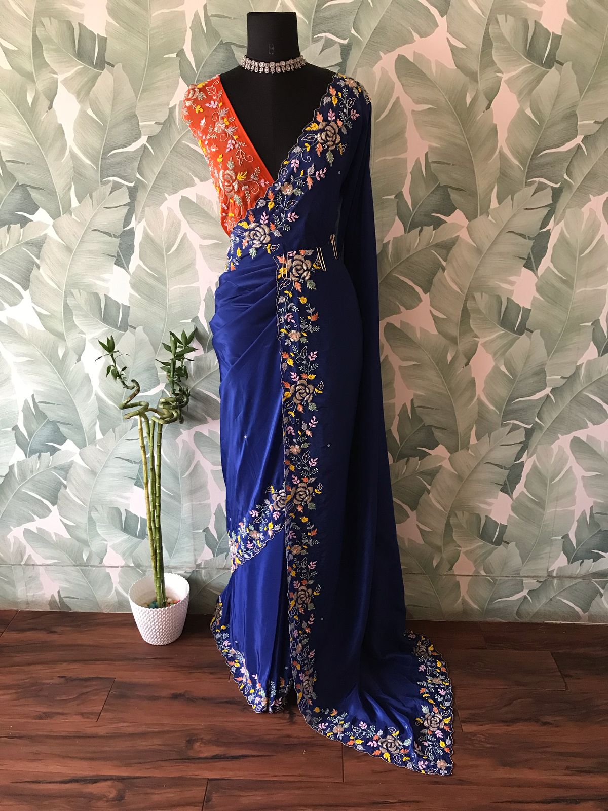 “Luxury Satin Organza Silk Saree with Rich Zardozi Embellishments & Contrast Blouse”