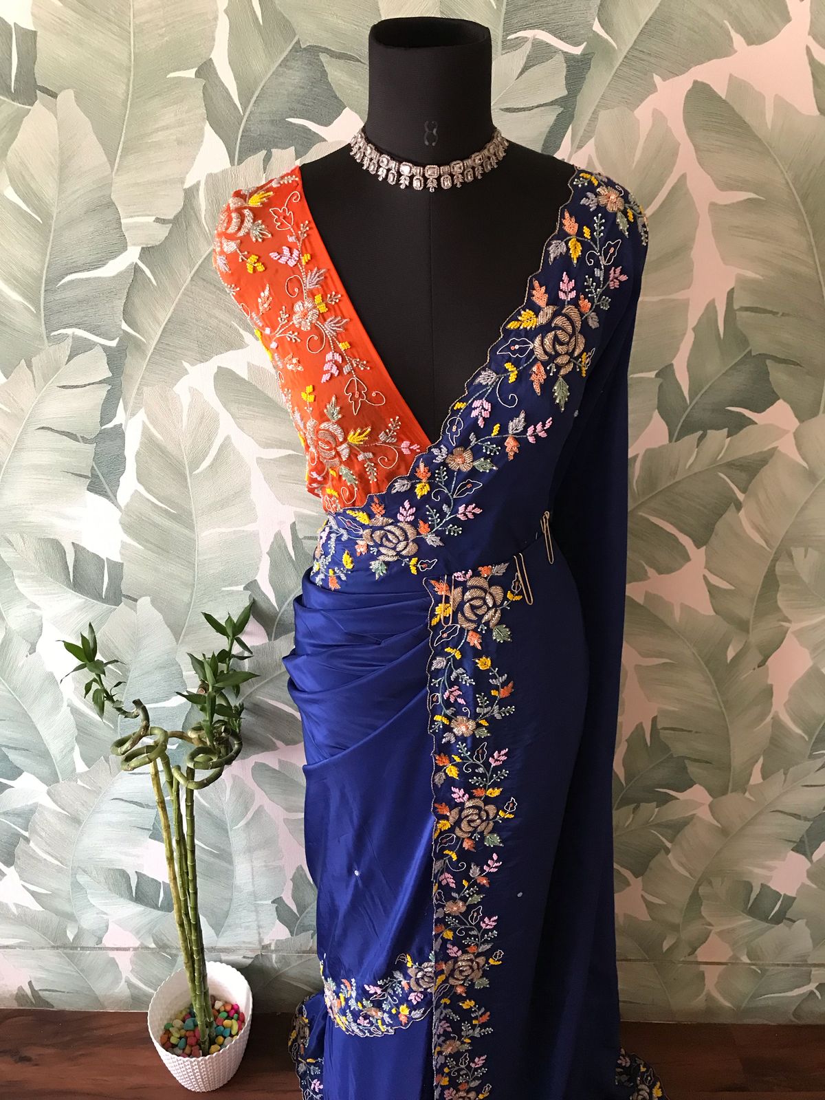 “Luxury Satin Organza Silk Saree with Rich Zardozi Embellishments & Contrast Blouse”