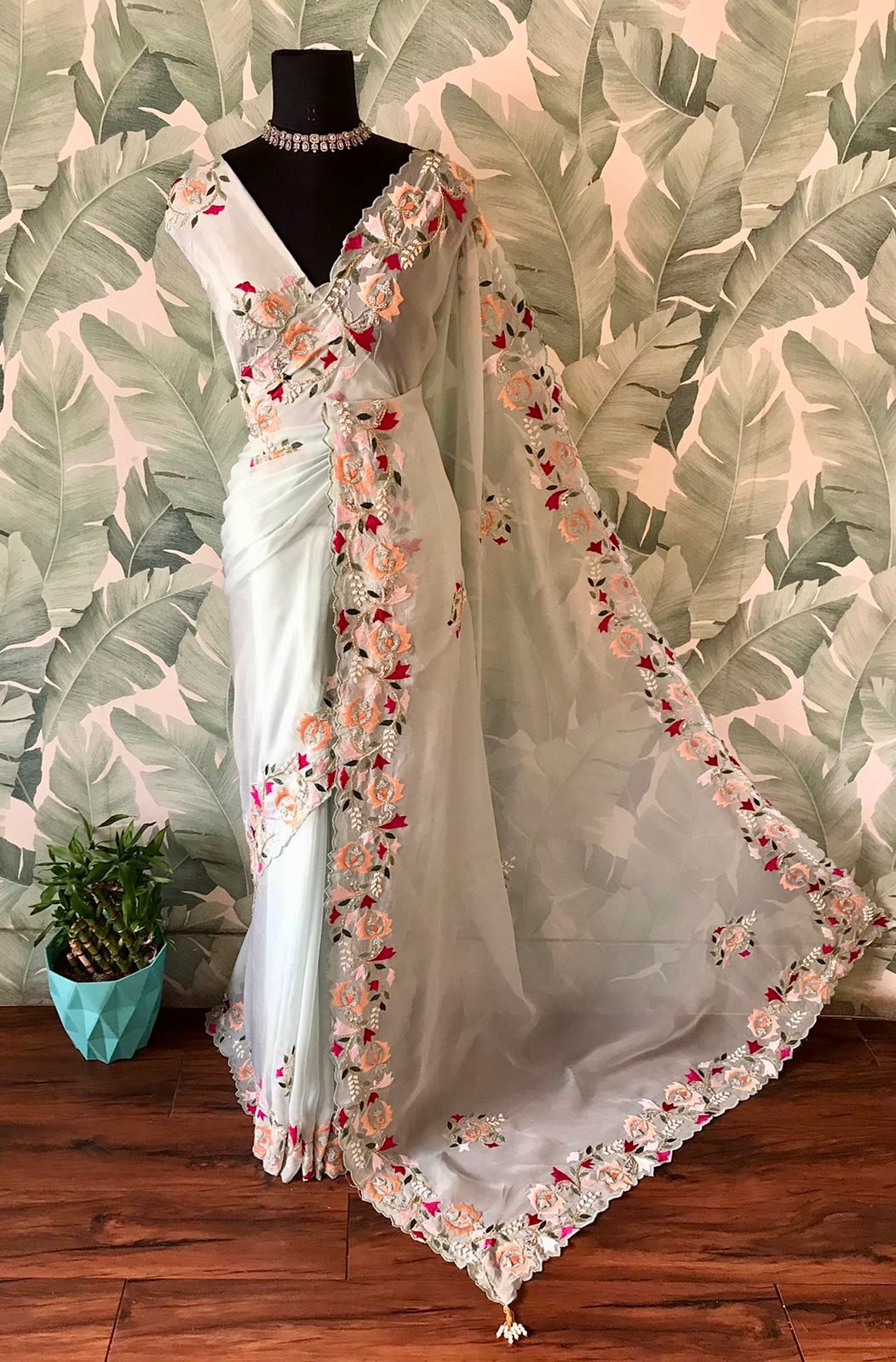 “Luxury Organza Silk Saree with Pearl Sequins, Cut-Dana & Handcrafted Blouse Work”