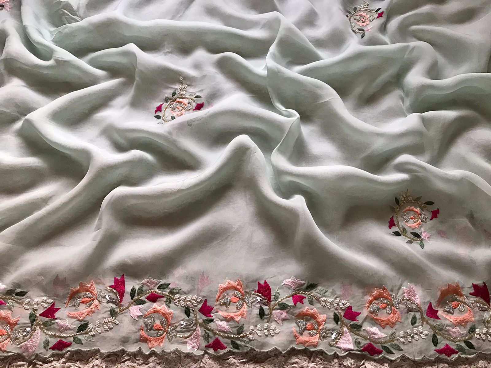 Luxury Organza Silk Saree with Pearl Sequins, Cut-Dana & Handcrafted Blouse Work