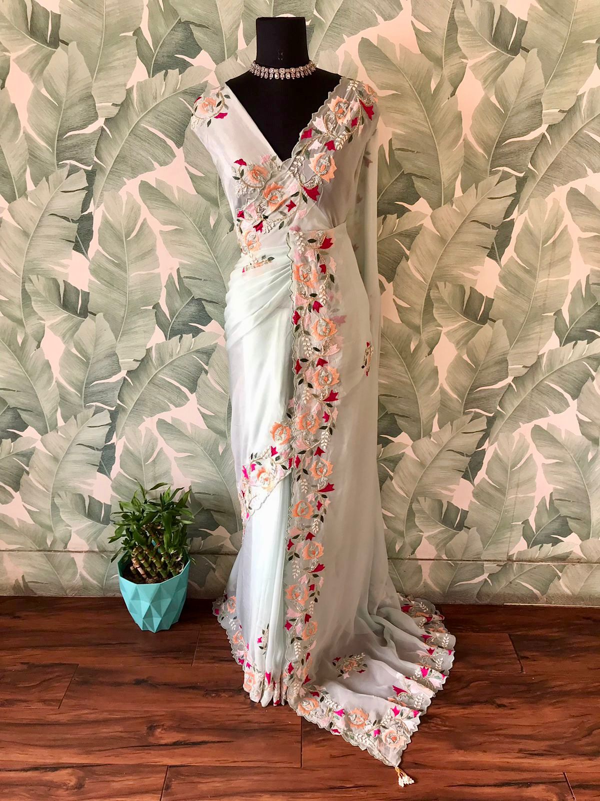 Luxury Organza Silk Saree with Pearl Sequins, Cut-Dana & Handcrafted Blouse Work