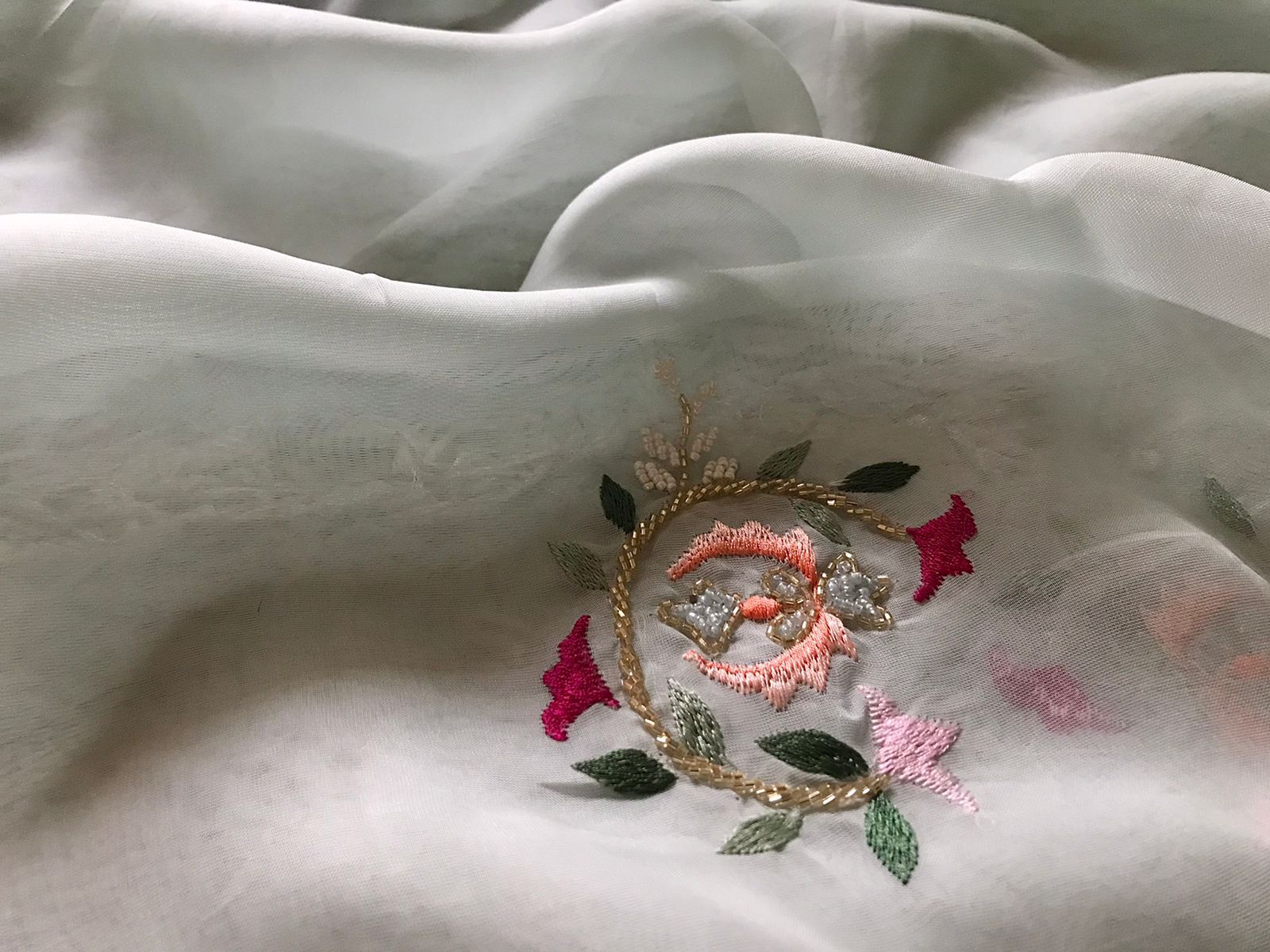Luxury Organza Silk Saree with Pearl Sequins, Cut-Dana & Handcrafted Blouse Work