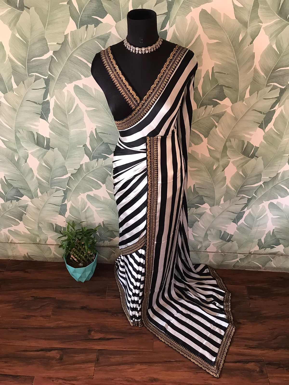 Luxurious Chinnon Satin Silk Saree with Designer Lace Border & Contrast Black Blouse