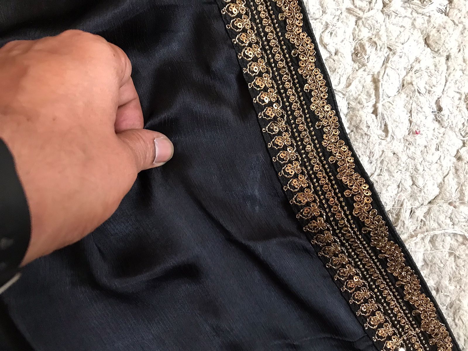 Luxurious Chinnon Satin Silk Saree with Designer Lace Border & Contrast Black Blouse