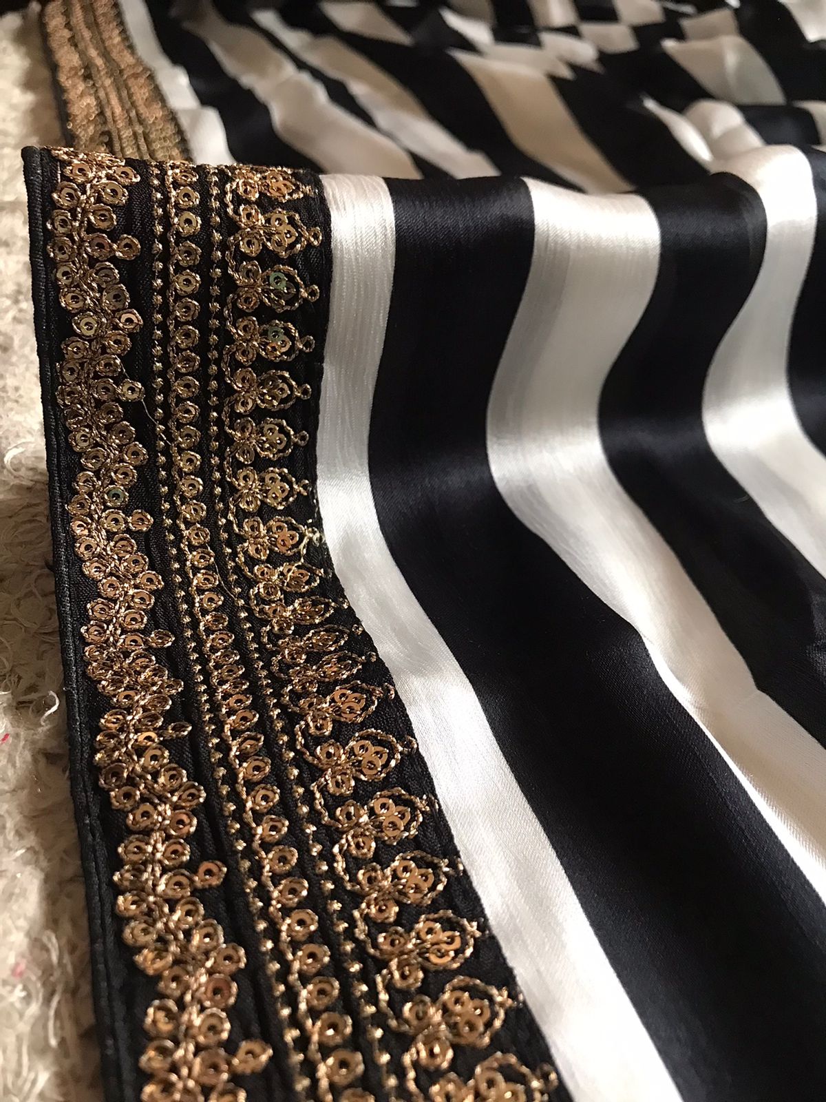 Luxurious Chinnon Satin Silk Saree with Designer Lace Border & Contrast Black Blouse
