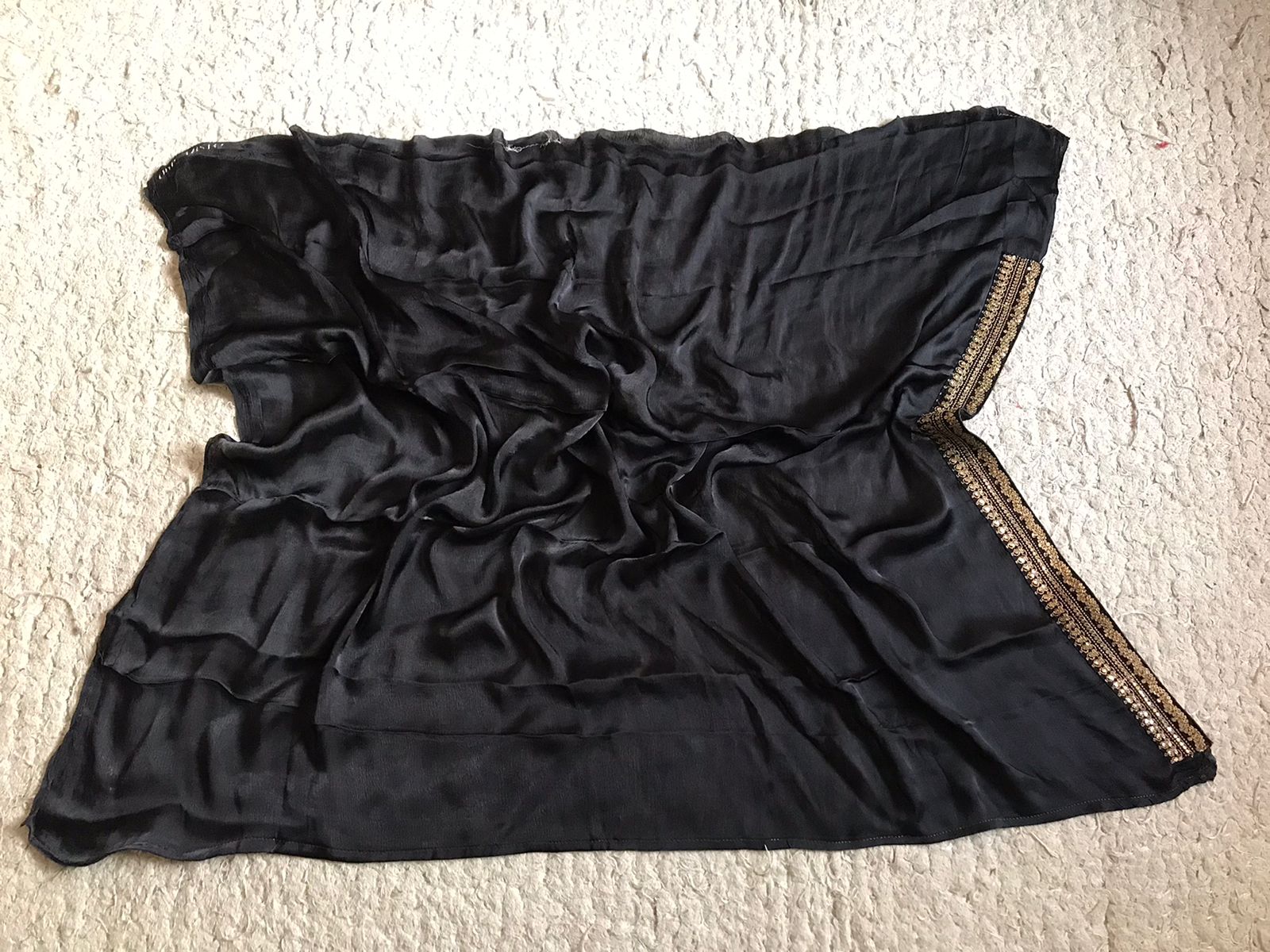 Luxurious Chinnon Satin Silk Saree with Designer Lace Border & Contrast Black Blouse