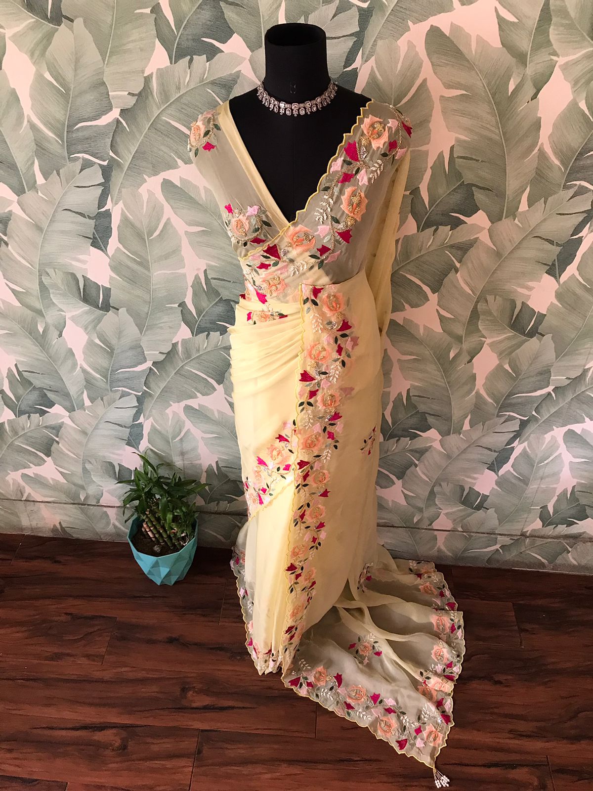 Premium Pure Organza Silk Saree with Resham Thread & Pearl Sequins Cut Daana Handwork